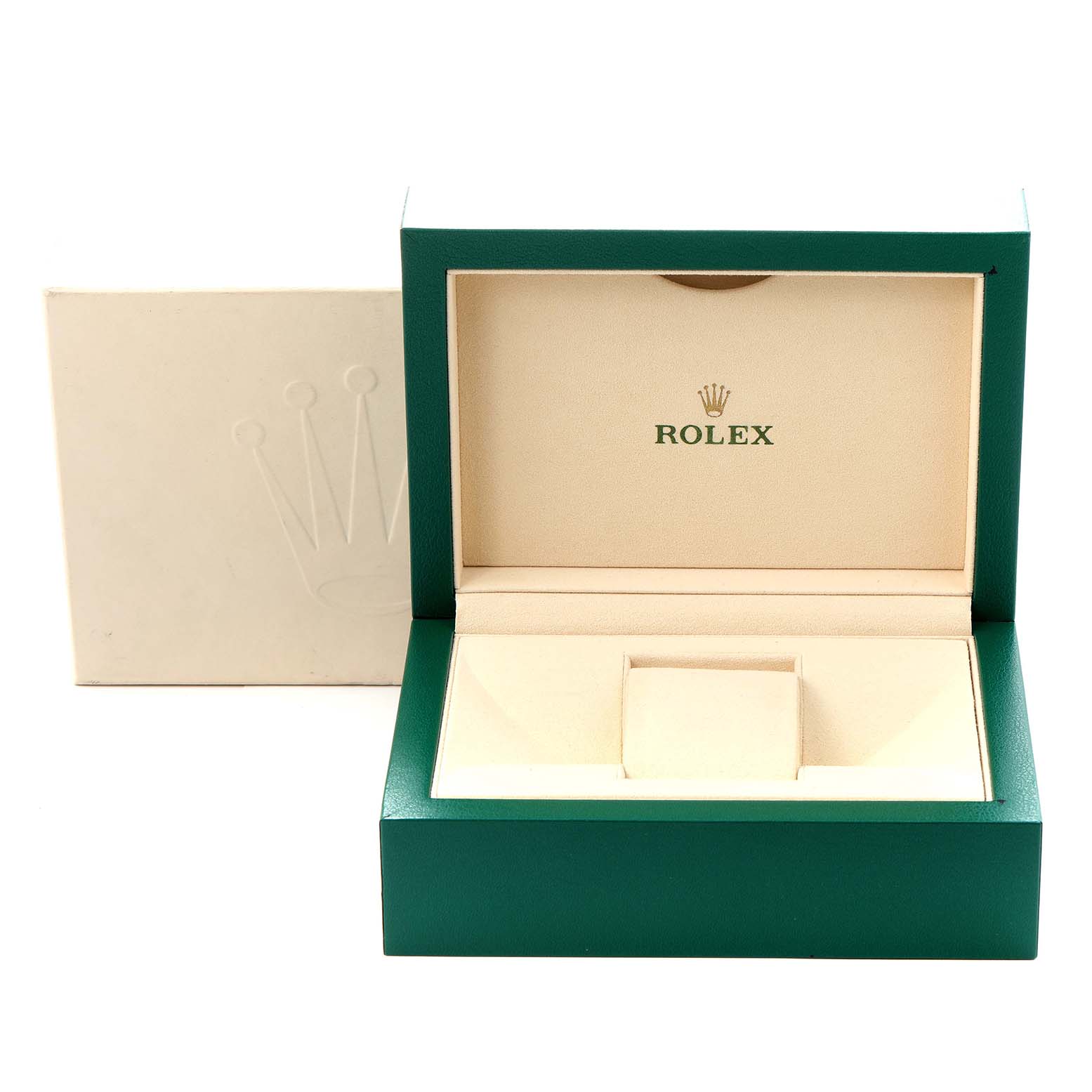 The image shows an open green and beige Rolex box for a Submariner model, viewed from the front.