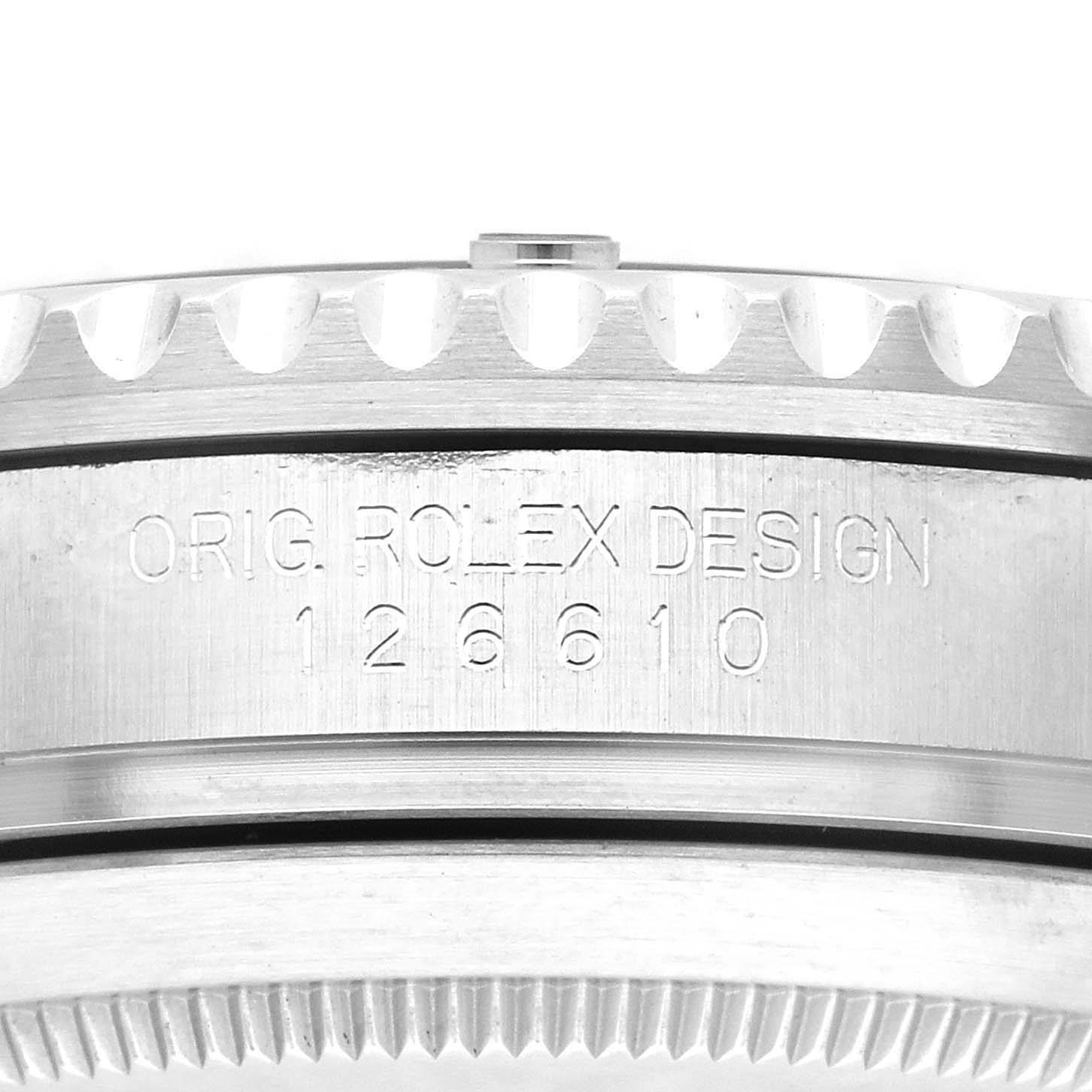 The image shows a side view of a Rolex Submariner 126610LV Men
s Stainless Steel Black Dial 126610LV Men
s Stainless Steel Black Dial, focusing on the engraved case with model number 126610 and part of the bezel.