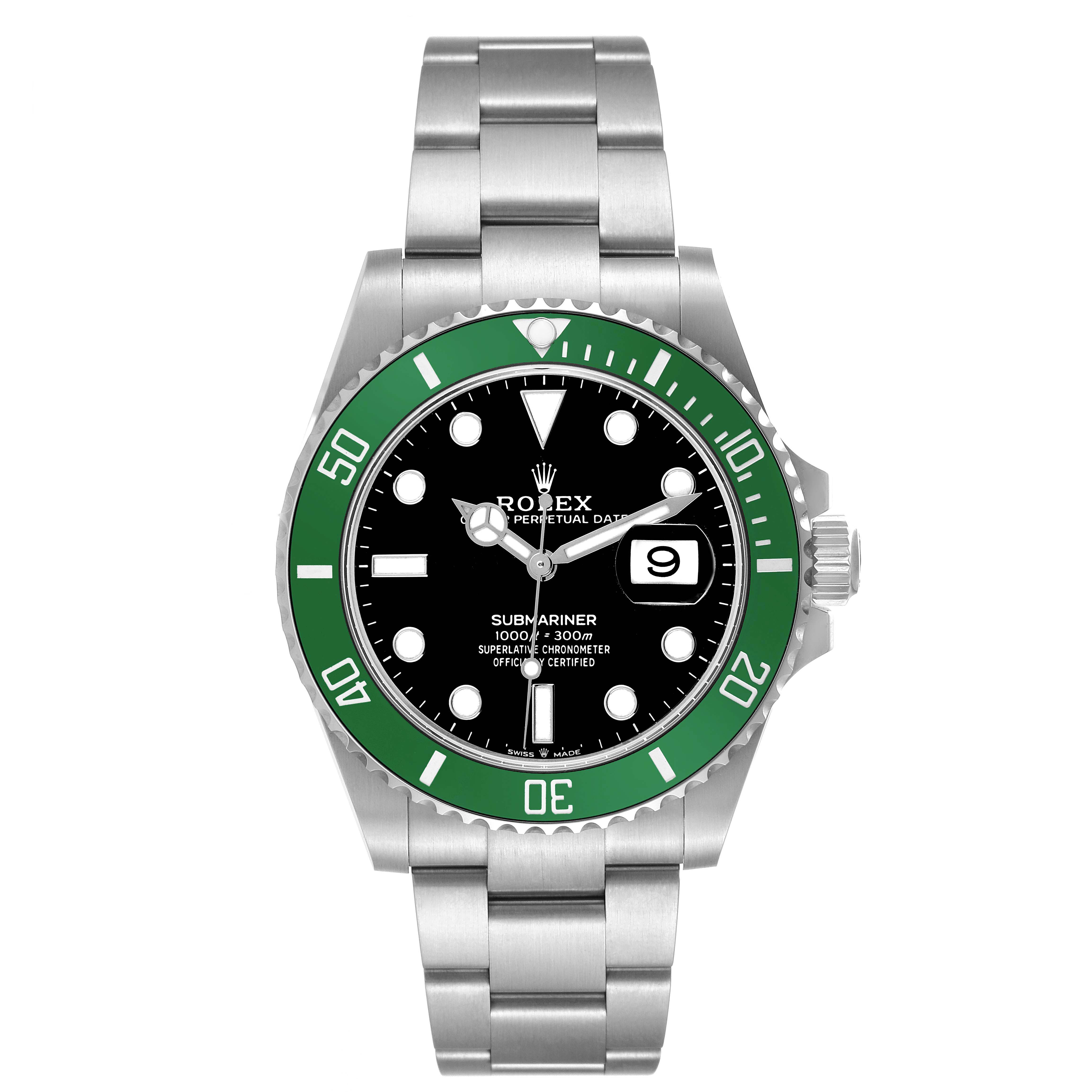 The Rolex Submariner 126610LV Men
s Stainless Steel Black Dial 126610LV Men
s Stainless Steel Black Dial watch is shown from a front angle, featuring the dial, green bezel, bracelet, and crown.