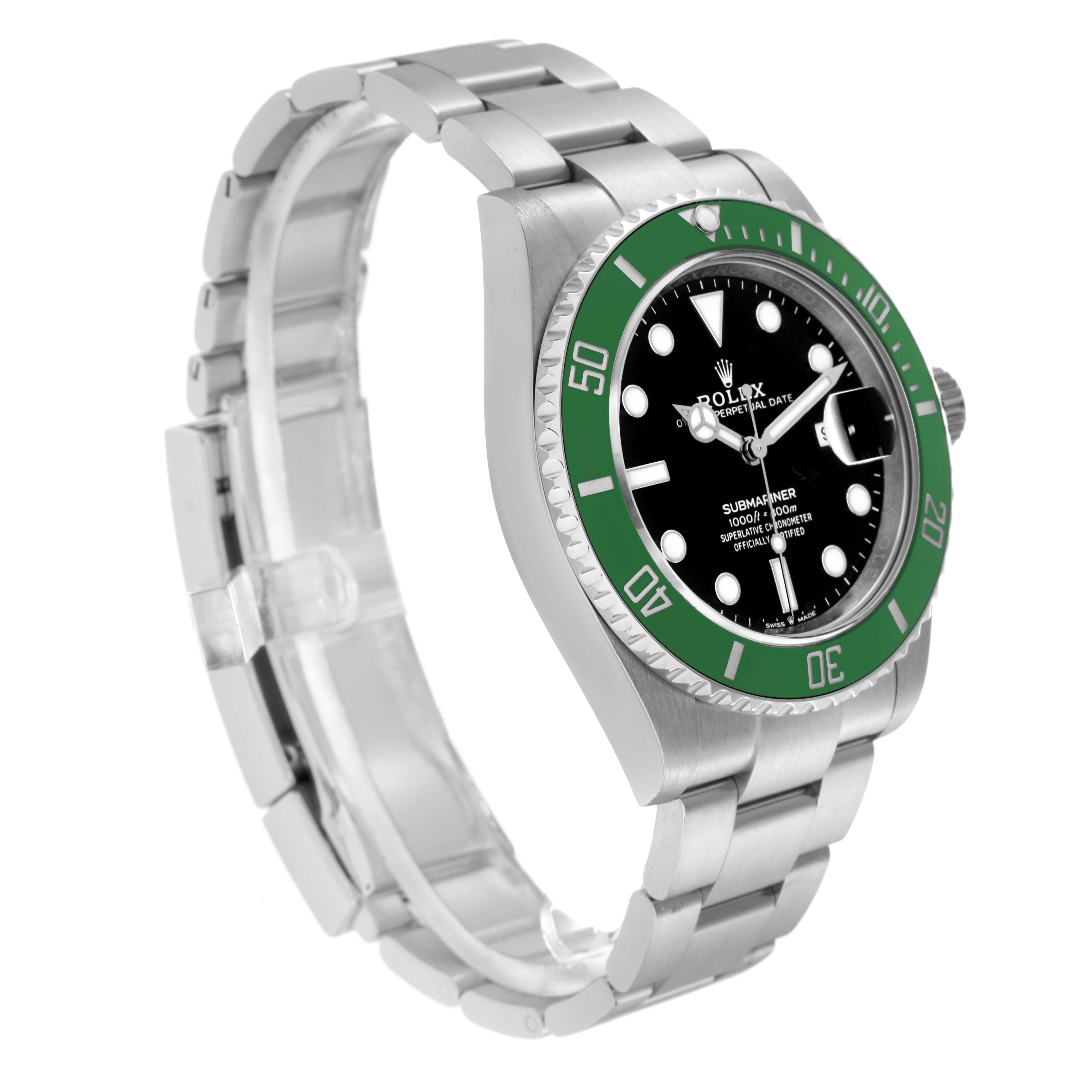 The image shows a Rolex Submariner 126610LV Men
s Stainless Steel Black Dial 126610LV Men
s Stainless Steel Black Dial in a three-quarter angle, highlighting the bracelet, bezel, dial, and crown.