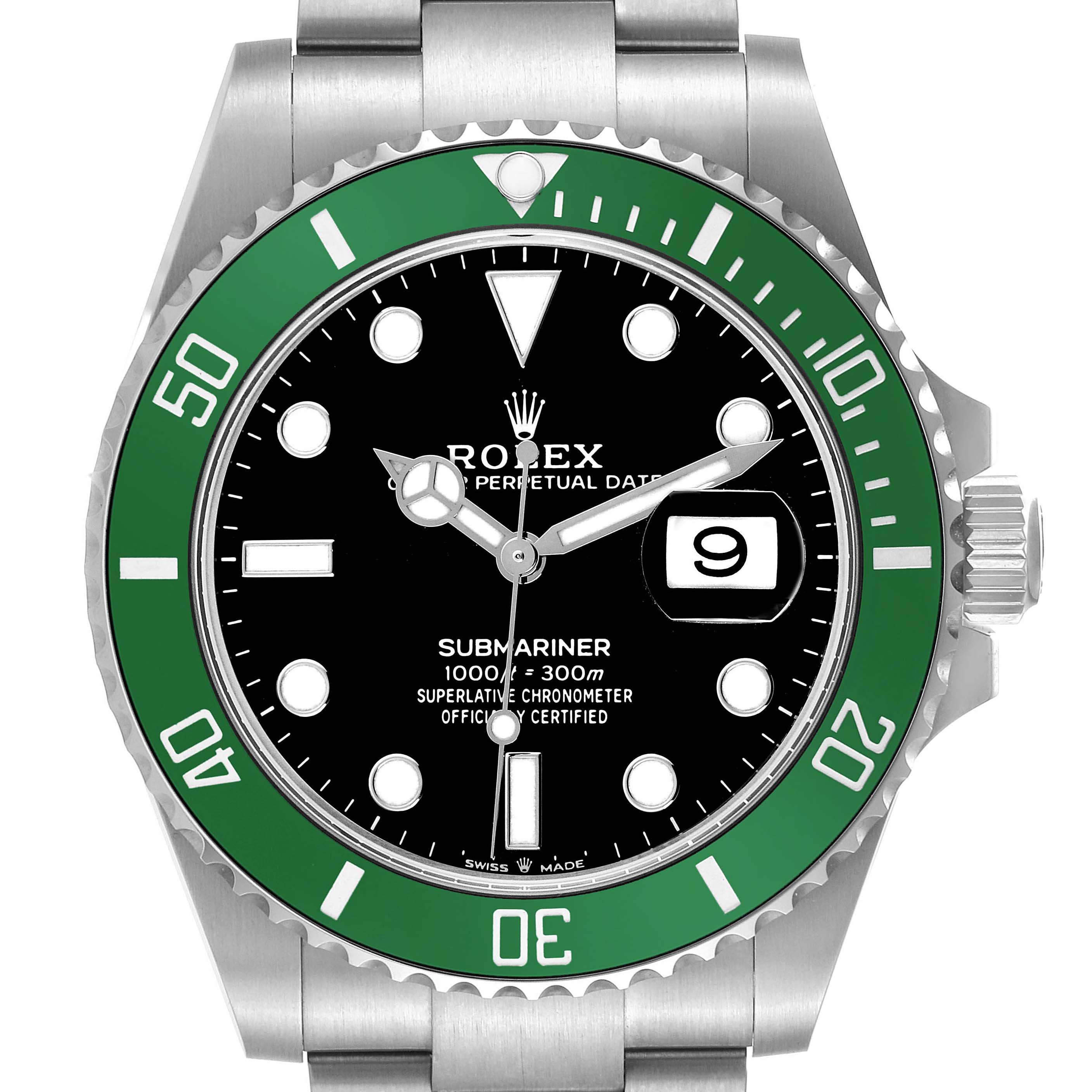 The Rolex Submariner 126610LV Men
s Stainless Steel Black Dial 126610LV Men
s Stainless Steel Black Dial watch is shown from a front angle, displaying its green bezel, black dial, and date window.