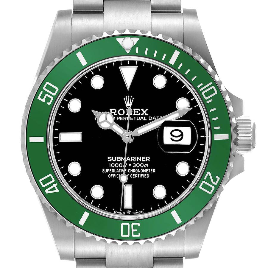 The Rolex Submariner watch is shown from a front angle, displaying its green bezel, black dial, and date window.