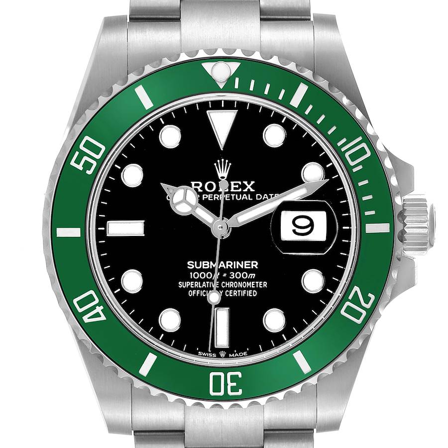 The Rolex Submariner watch is shown from the front, highlighting the green bezel, black dial, hands, markers, and date window.