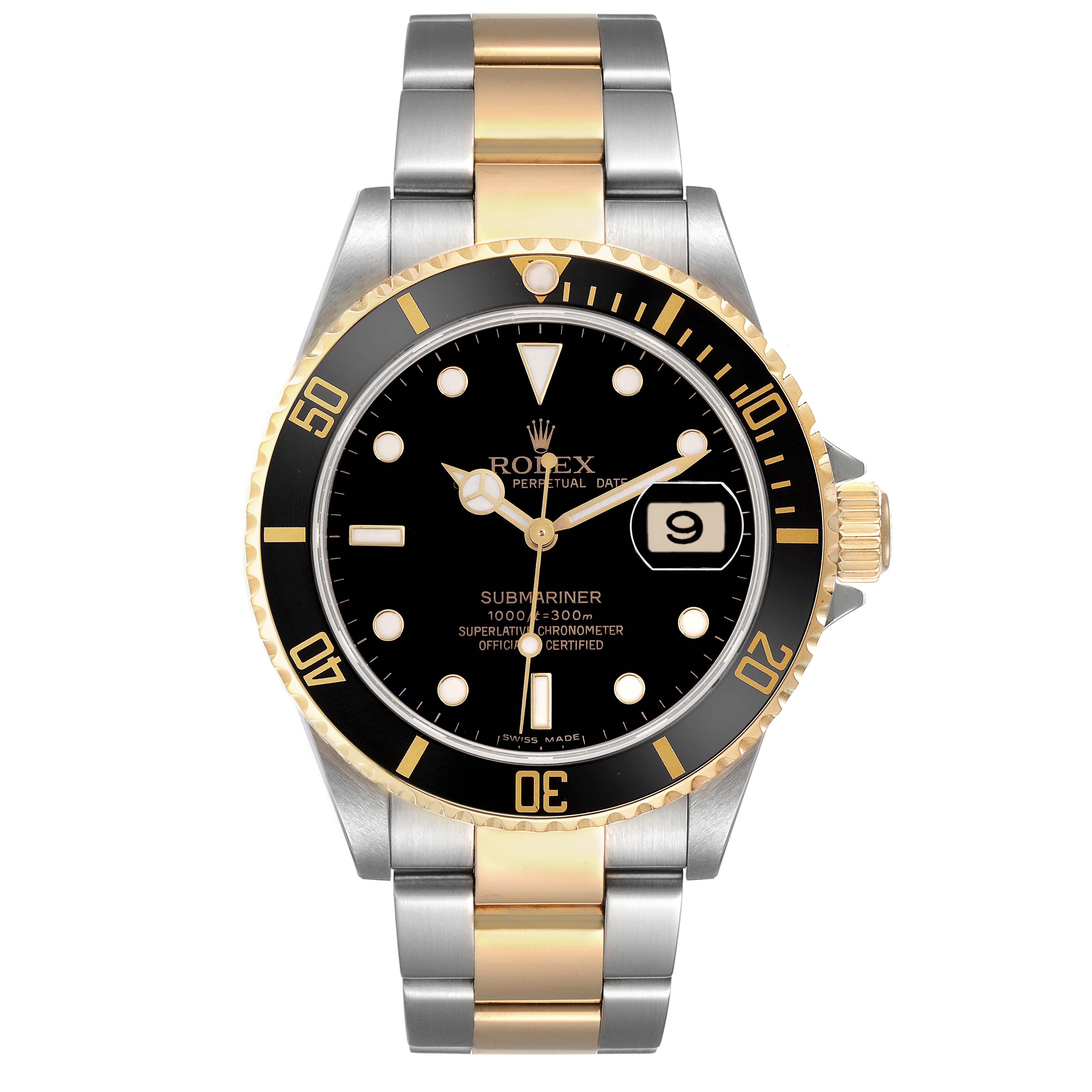 The Rolex Submariner 16613 Men
s Steel and Gold (two tone) Black Dial 16613 Men
s Steel and Gold (two tone) Black Dial watch is shown from a front angle, displaying the dial, bezel, and bracelet.