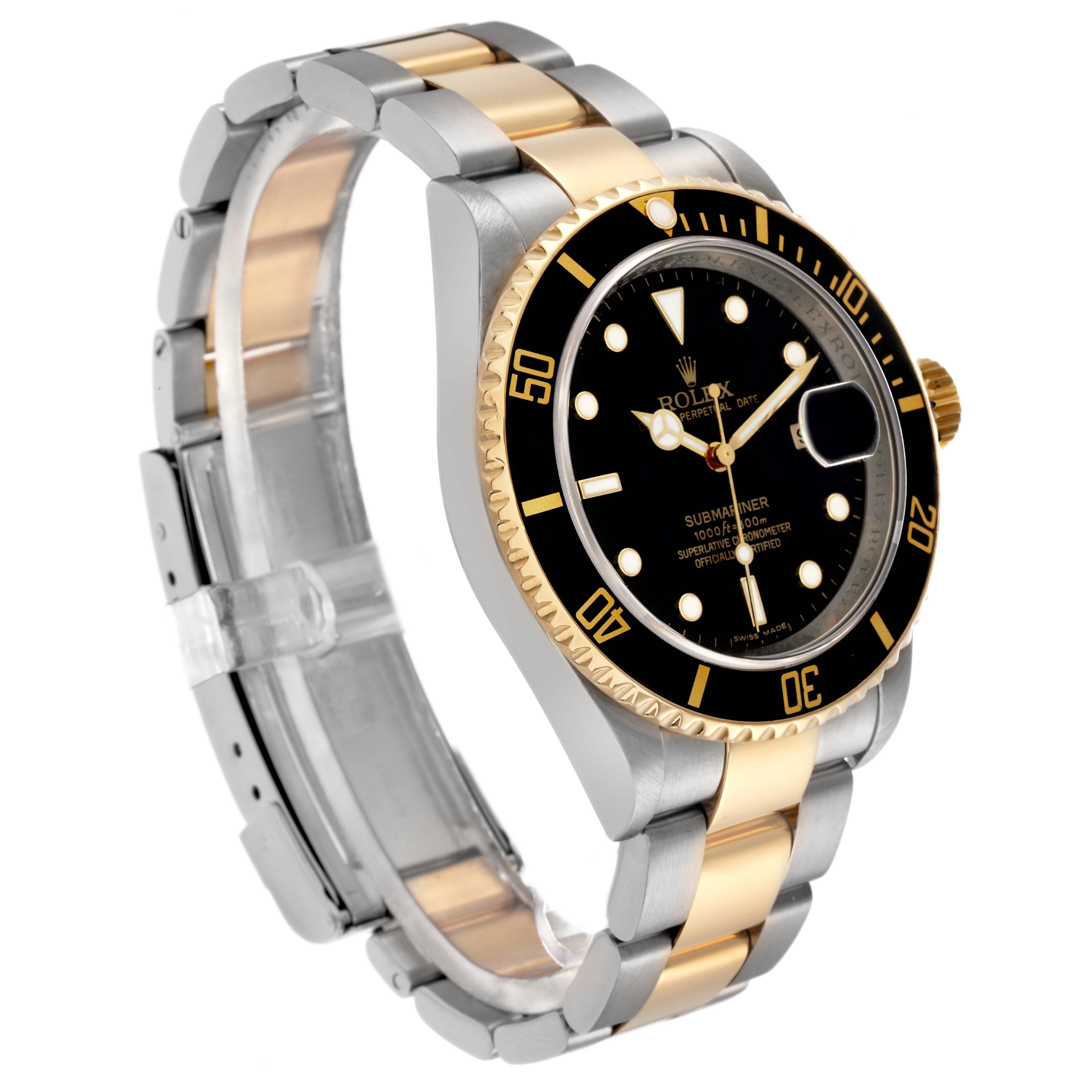 The Rolex Submariner 16613 Men
s Steel and Gold (two tone) Black Dial 16613 Men
s Steel and Gold (two tone) Black Dial watch is shown at a slight angle, highlighting the dial, bezel, and two-tone bracelet.
