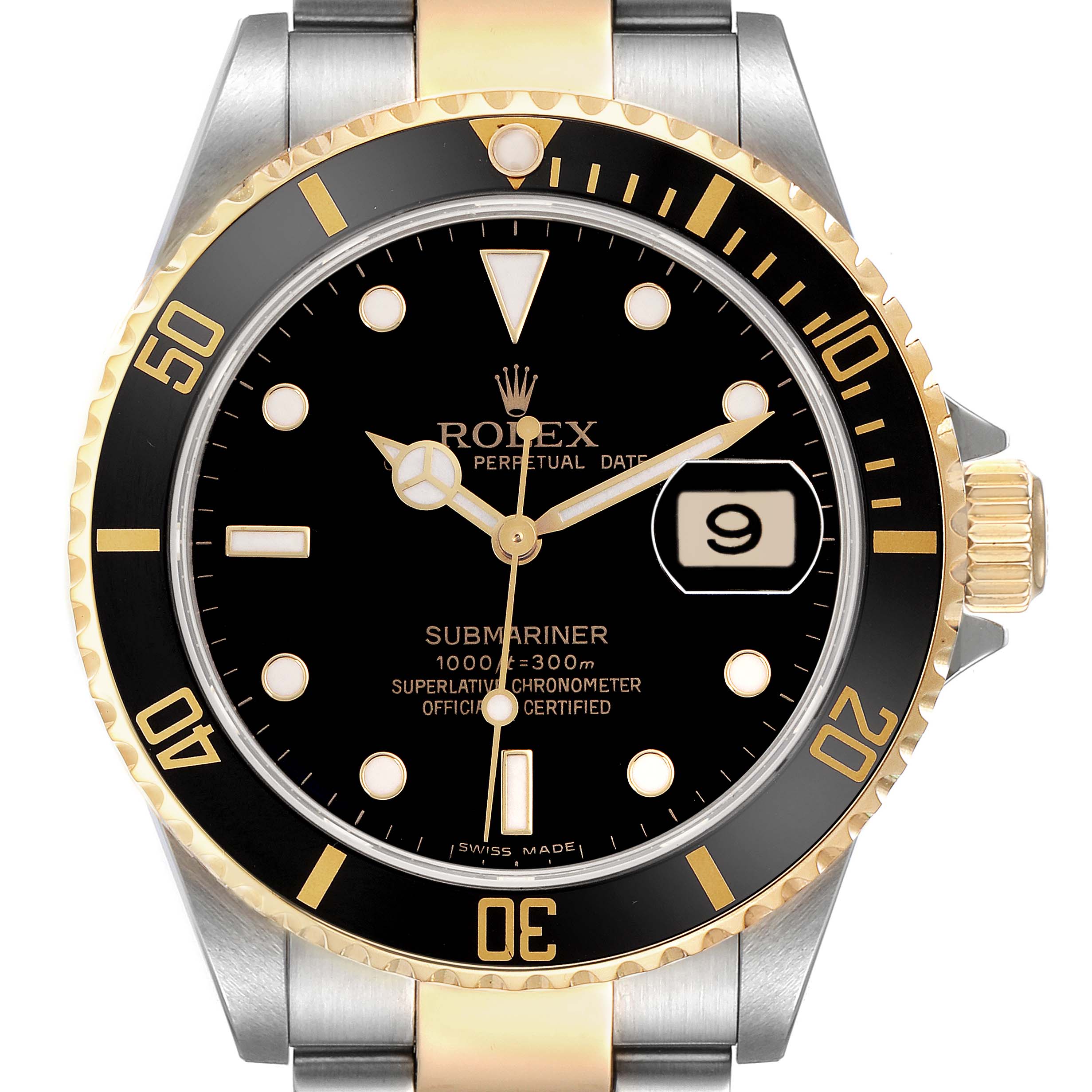 The image shows a front view of the Rolex Submariner 16613 Men
s Steel and Gold (two tone) Black Dial 16613 Men
s Steel and Gold (two tone) Black Dial watch, highlighting the bezel, dial, and bracelet.
