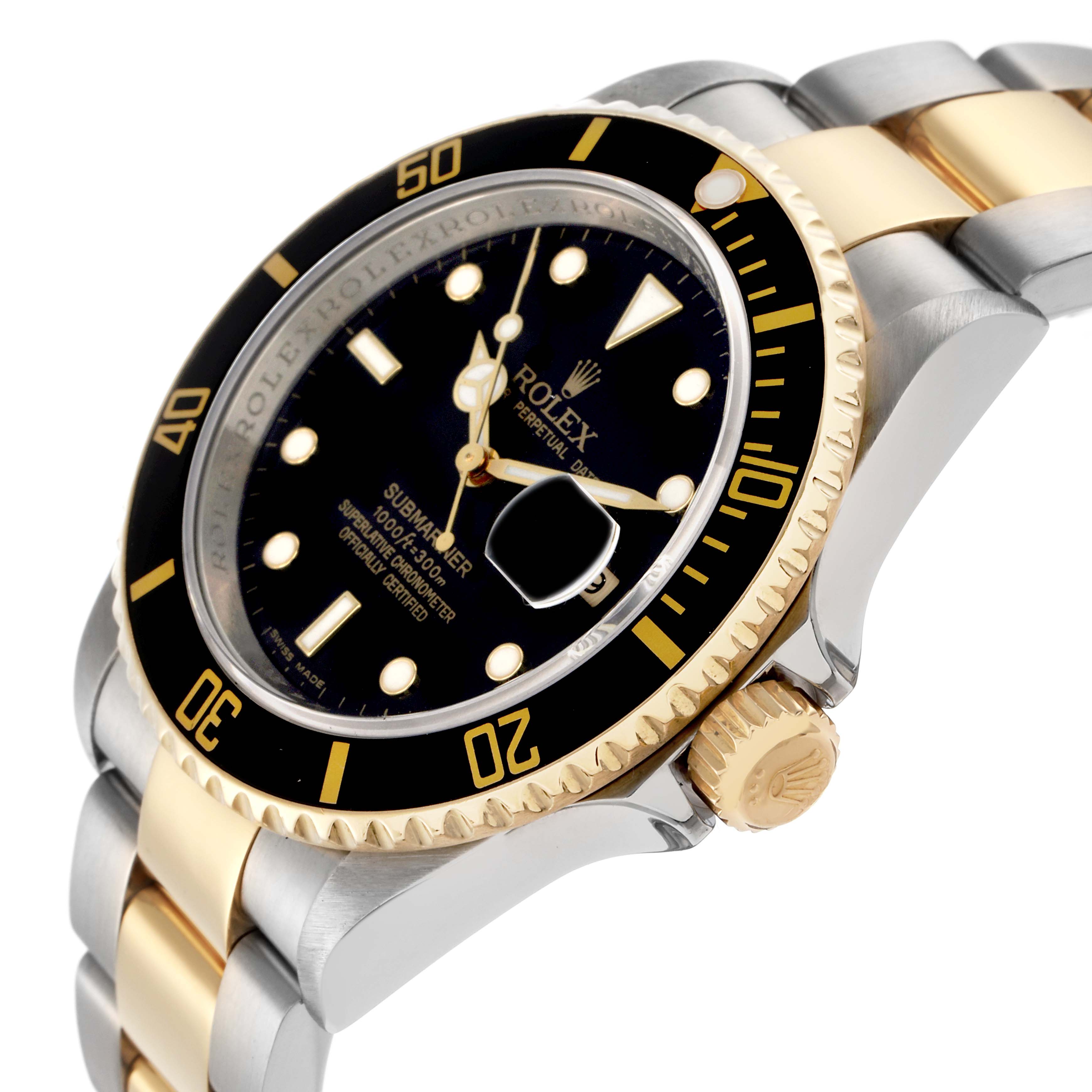 The image shows a Rolex Submariner 16613 Men
s Steel and Gold (two tone) Black Dial 16613 Men
s Steel and Gold (two tone) Black Dial at a side angle, highlighting the bezel, dial, crown, and part of the two-tone bracelet.