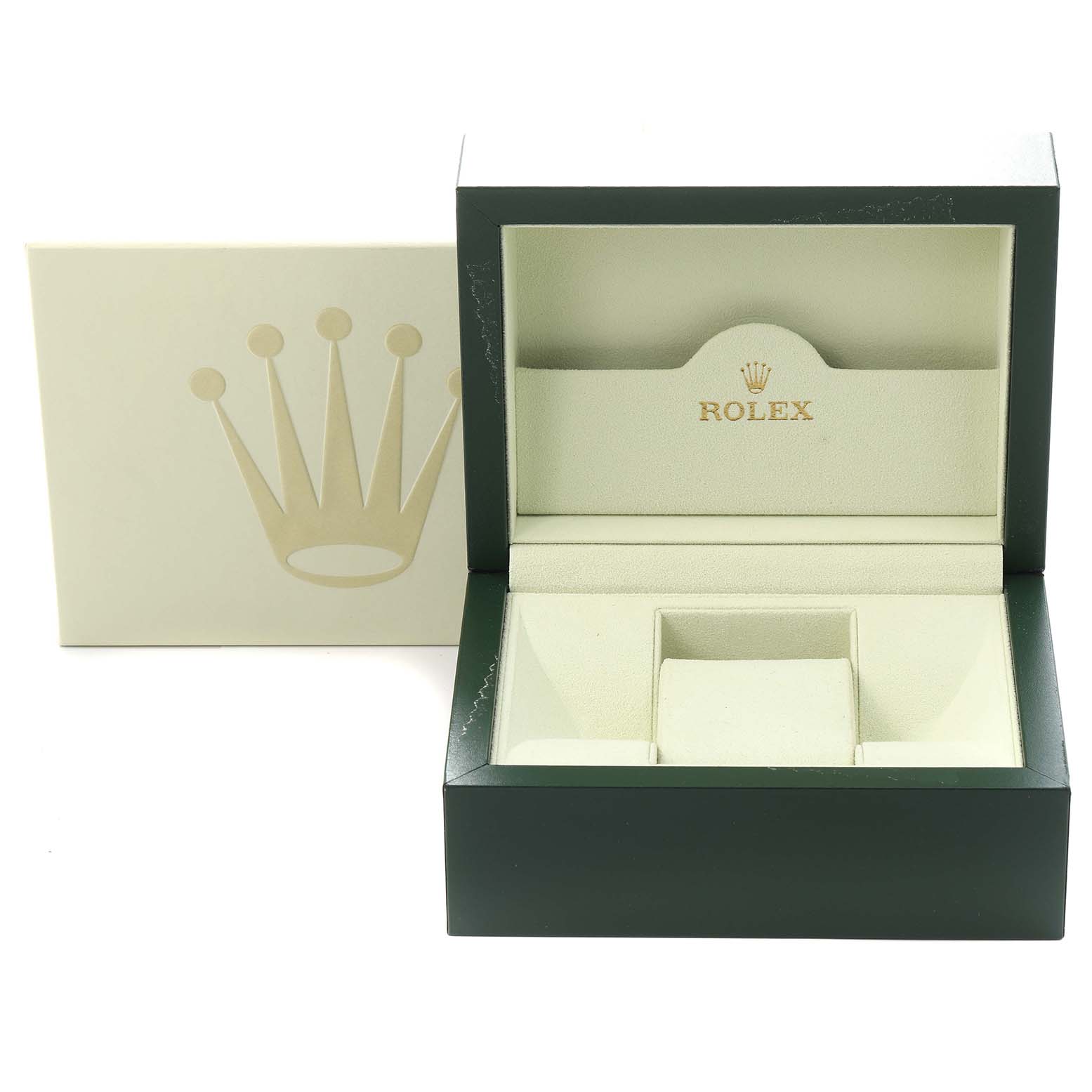 The image shows an open Rolex Submariner 16613 Men
s Steel and Gold (two tone) Black Dial 16613 Men
s Steel and Gold (two tone) Black Dial watch box with the inside compartments and an outer case standing behind it.