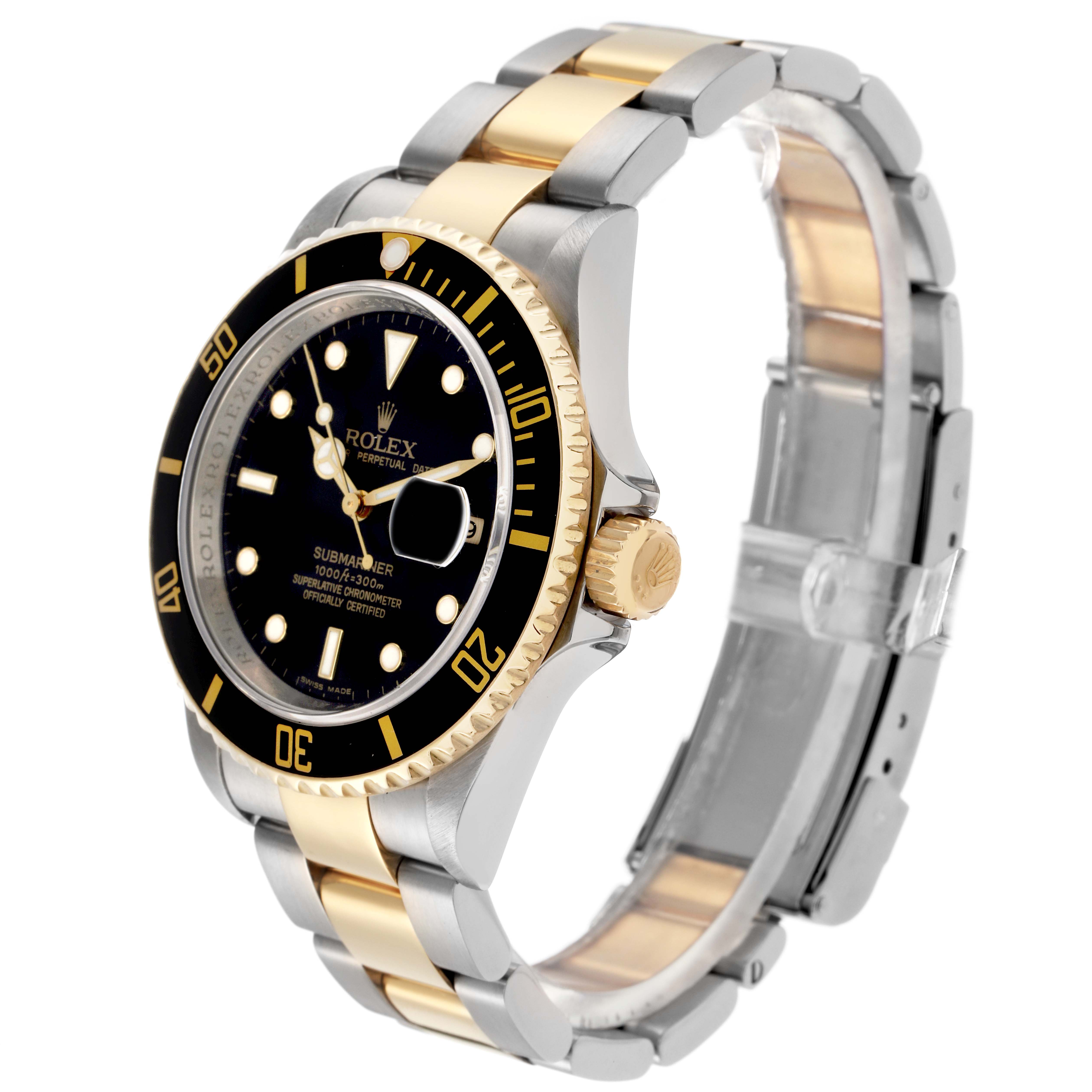 The Rolex Submariner 16613 Men
s Steel and Gold (two tone) Black Dial 16613 Men
s Steel and Gold (two tone) Black Dial watch is shown at a three-quarter angle, displaying the face, bezel, crown, and part of the bracelet.