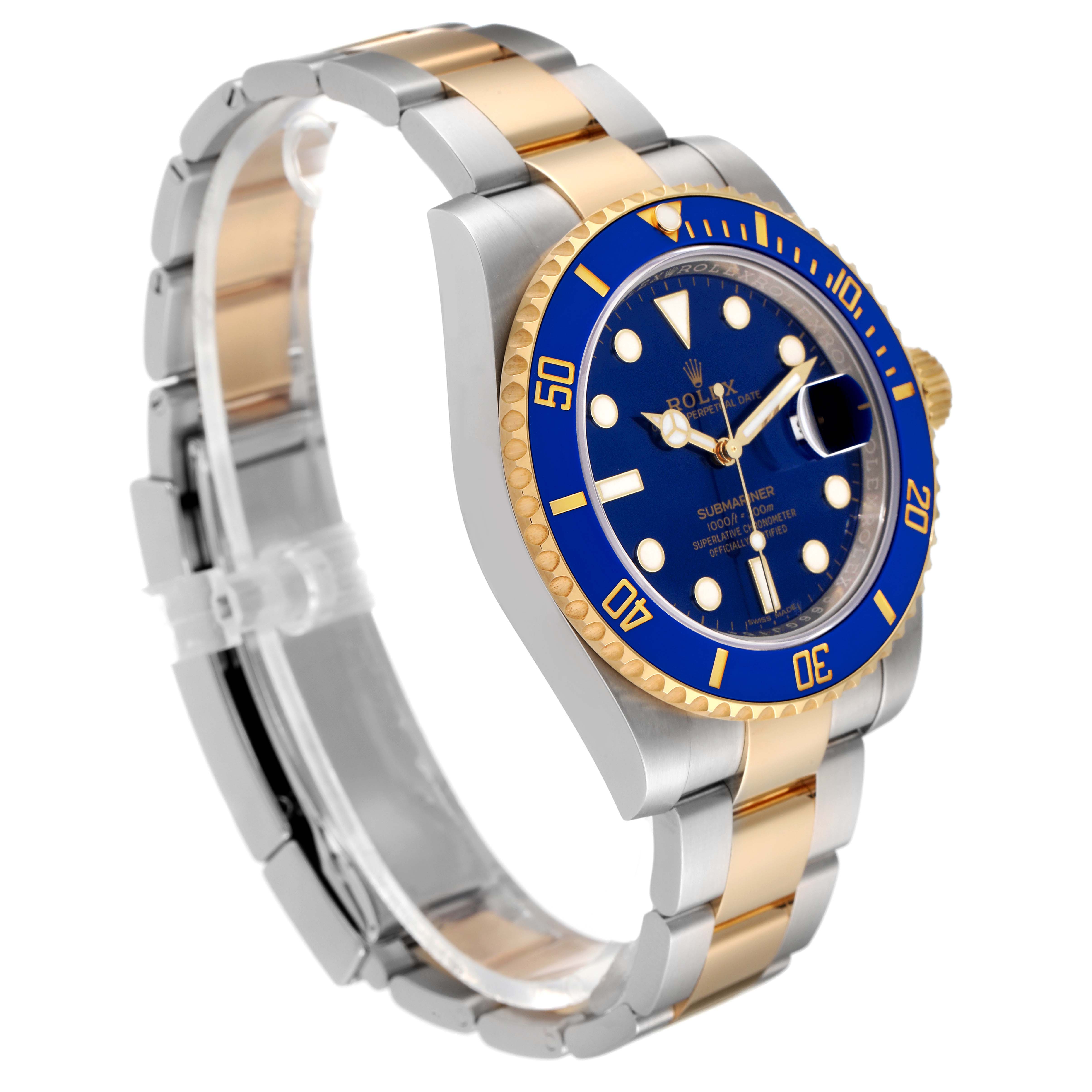 The Rolex Submariner 116613 Men
s Steel and Gold (two tone) Blue Dial 116613 Men
s Steel and Gold (two tone) Blue Dial watch is shown at a slight angle, displaying the blue dial, bezel, and two-tone metal bracelet.