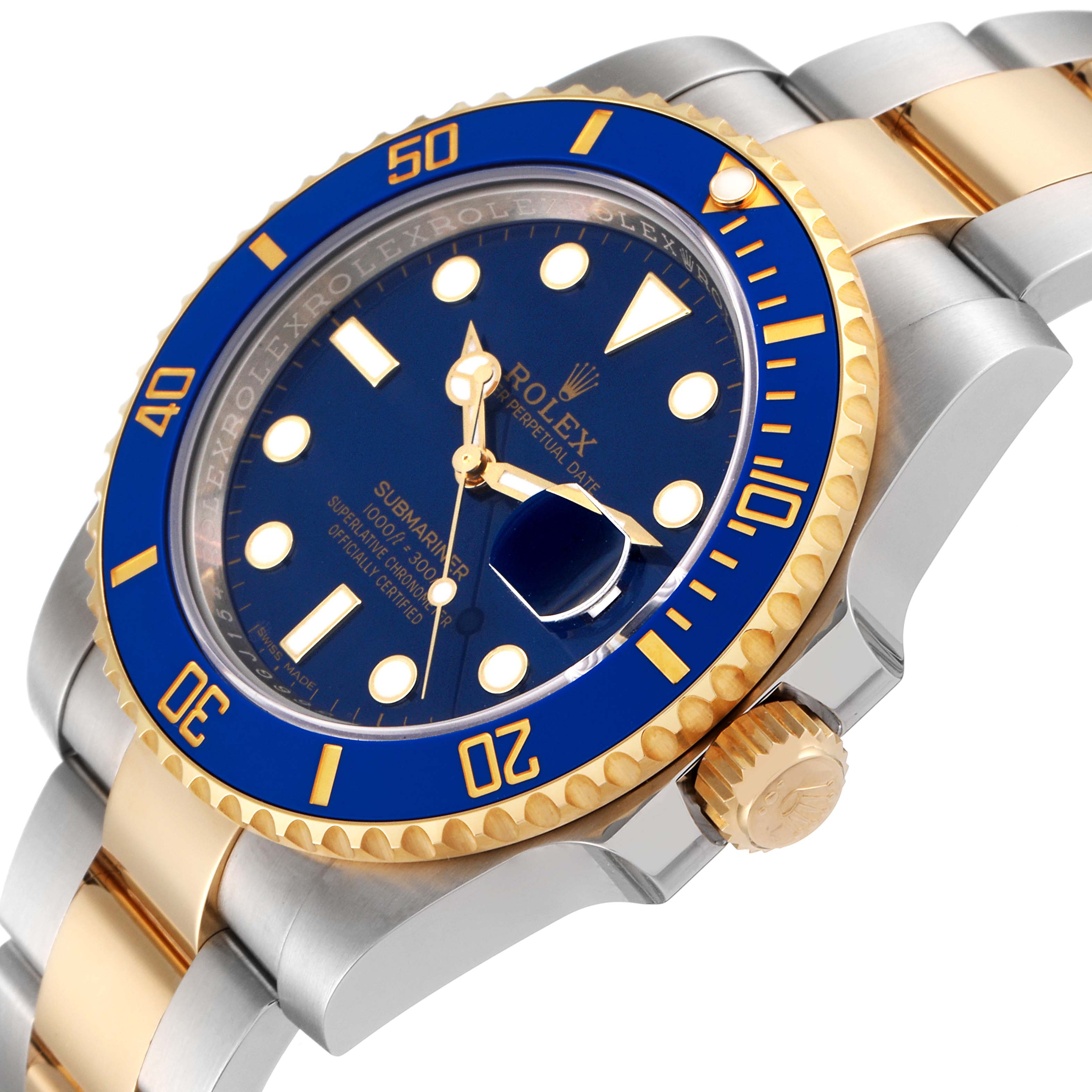 The image shows a Rolex Submariner 116613 Men
s Steel and Gold (two tone) Blue Dial 116613 Men
s Steel and Gold (two tone) Blue Dial watch from an angled view highlighting the dial, bezel, and crown.