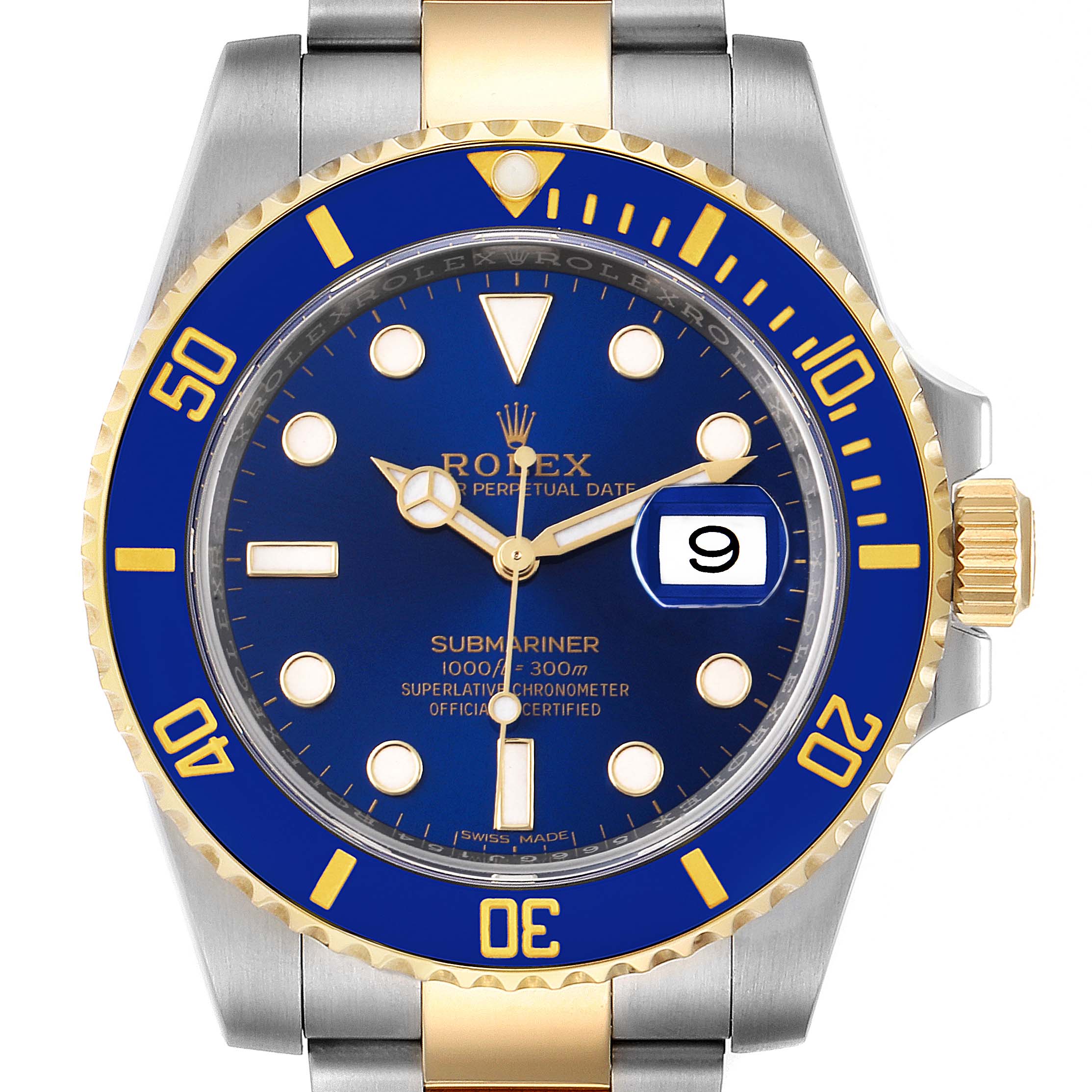 This image shows the dial, bezel, and part of the bracelet of a Rolex Submariner 116613 Men
s Steel and Gold (two tone) Blue Dial 116613 Men
s Steel and Gold (two tone) Blue Dial watch from a front-facing angle.