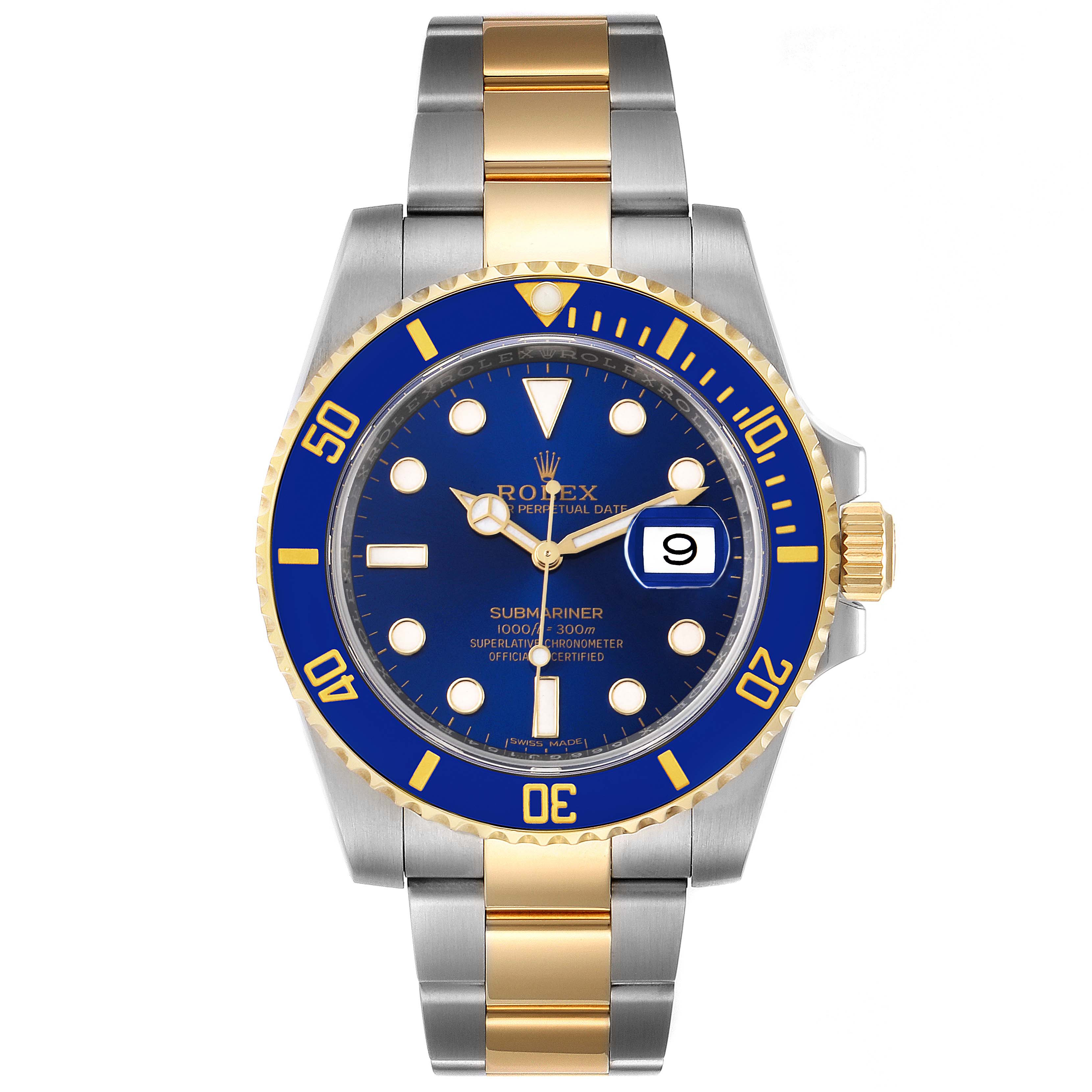 The image shows a front view of a Rolex Submariner 116613 Men
s Steel and Gold (two tone) Blue Dial 116613 Men
s Steel and Gold (two tone) Blue Dial watch, highlighting its dual-tone bracelet, blue dial, and bezel.