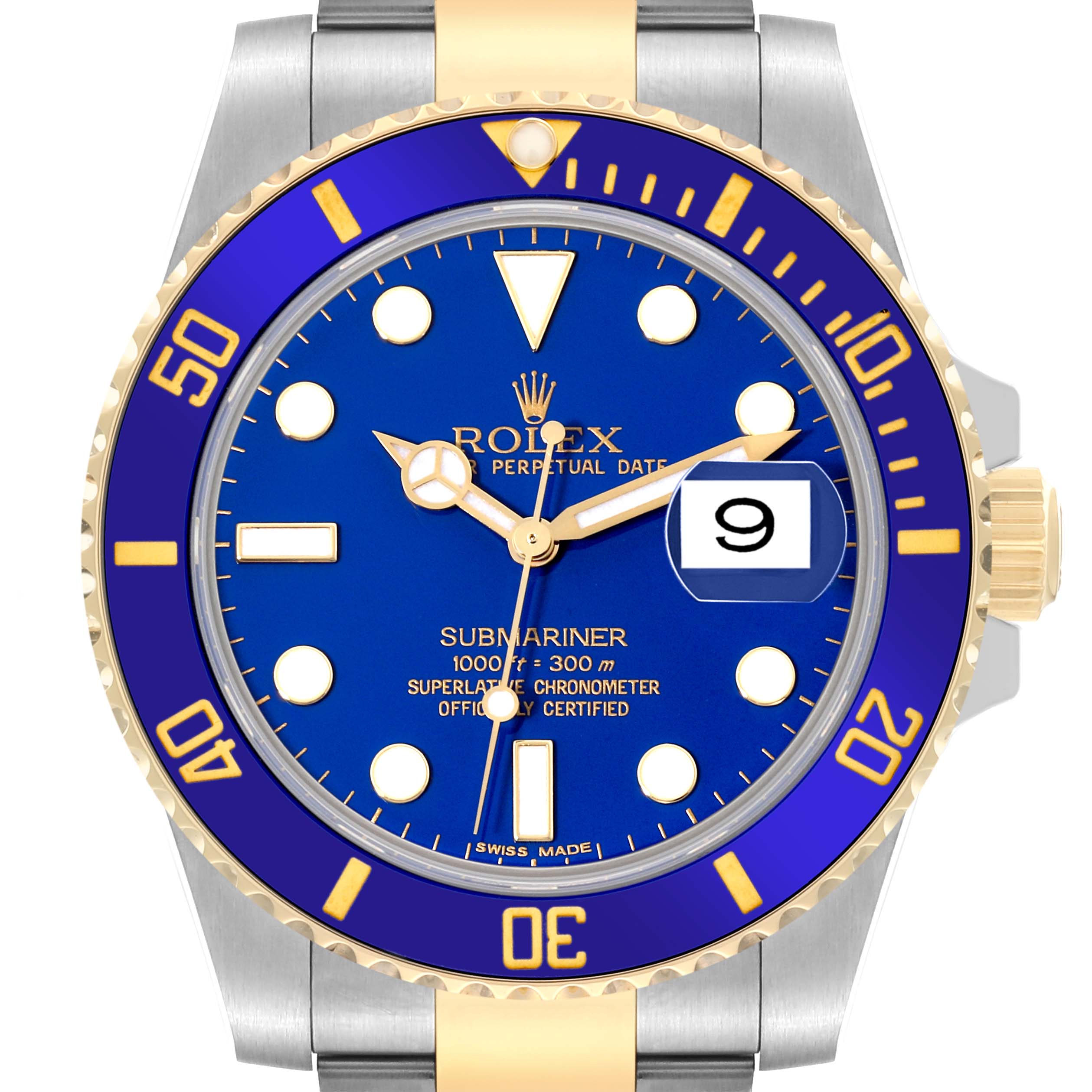 The image shows a Rolex Submariner 116613 Men's Steel and Gold (two tone) Blue Dial 116613 Men's Steel and Gold (two tone) Blue Dial watch with a blue dial and bezel, viewed from the front.