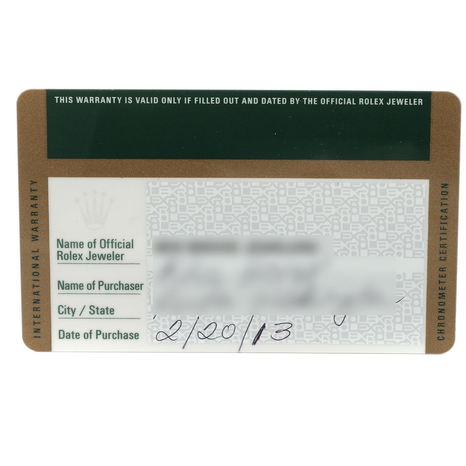 This image shows the warranty card for a Rolex Submariner 116613 Men's Steel and Gold (two tone) Blue Dial 116613 Men's Steel and Gold (two tone) Blue Dial watch, including details like the date of purchase.