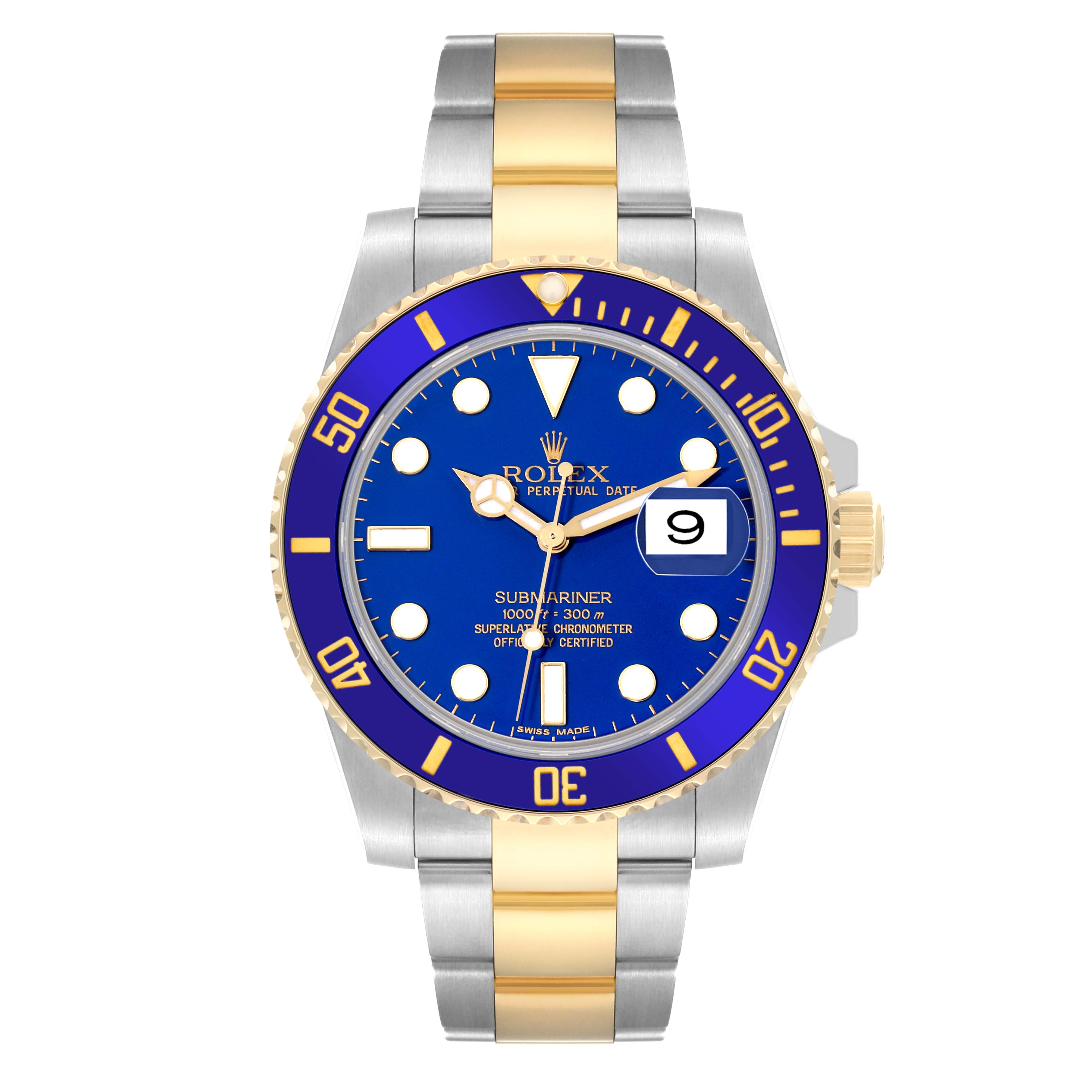 The watch is a Rolex Submariner 116613 Men's Steel and Gold (two tone) Blue Dial 116613 Men's Steel and Gold (two tone) Blue Dial model, shown from the front, displaying the dial, bezel, and bracelet.