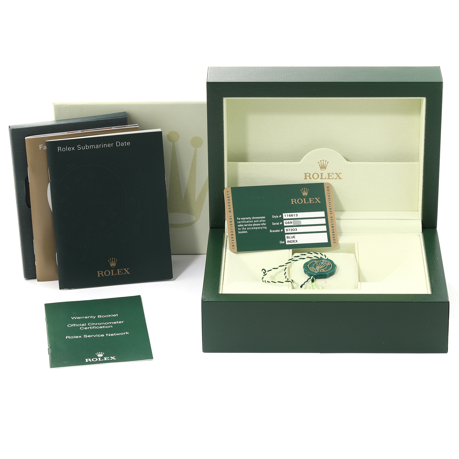 The image shows the box and accessories for a Rolex Submariner 116613 Men's Steel and Gold (two tone) Blue Dial 116613 Men's Steel and Gold (two tone) Blue Dial, including warranty booklets and a tag, photographed from the front angle.