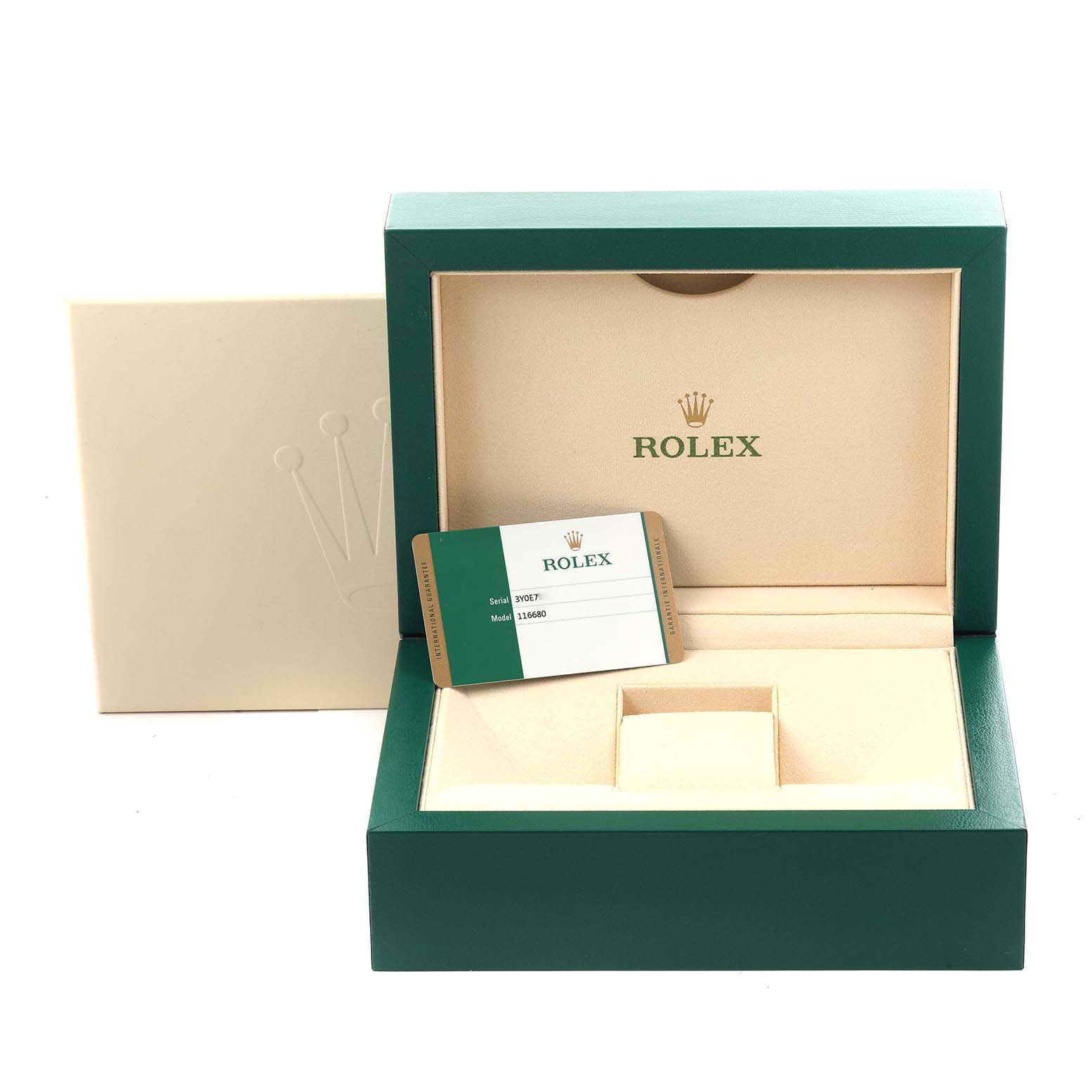 The image shows a Rolex Yacht-Master 116680 Men's Stainless Steel White Dial watch box open, revealing the inner lining and a warranty card.