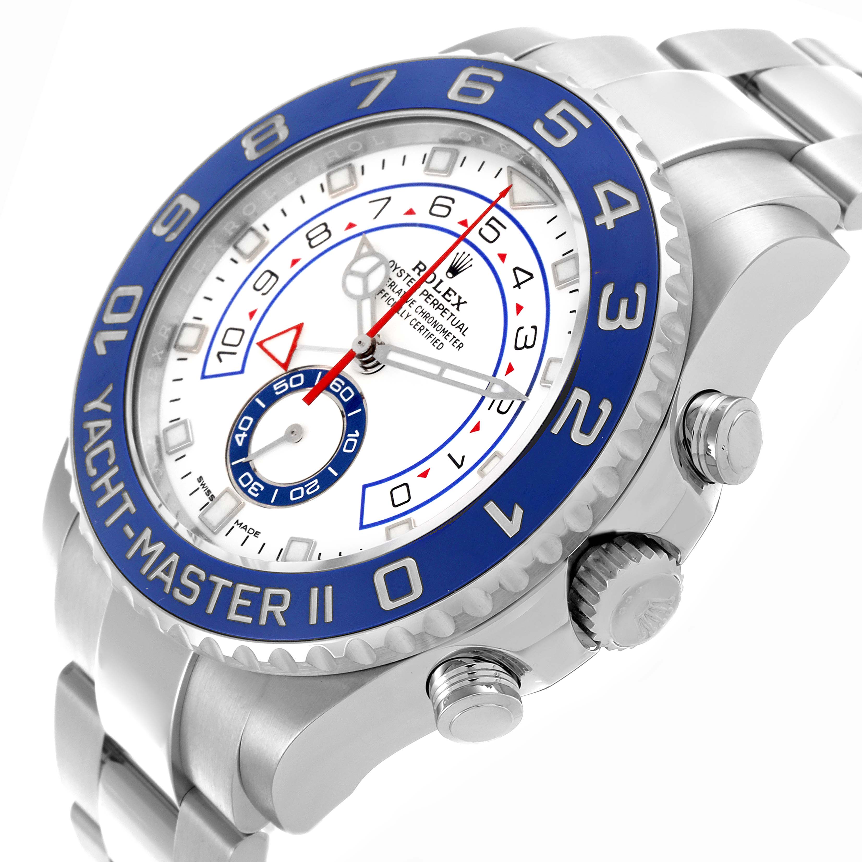 The Rolex Yacht-Master 116680 Men's Stainless Steel White Dial model is shown at a tilted front angle, highlighting the bezel, dial, bracelet, and crown.