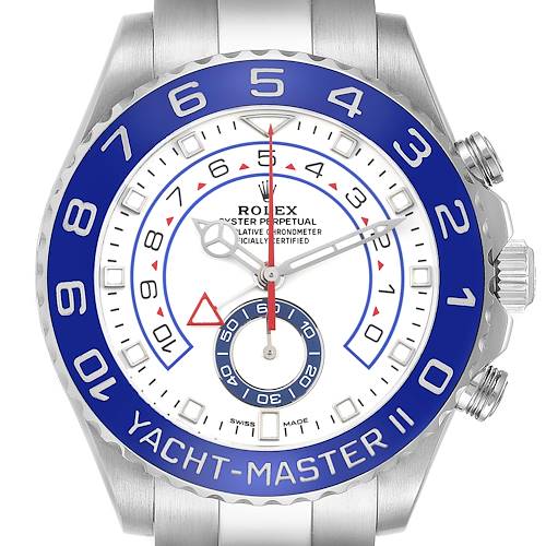 The image shows a frontal view of a Rolex Yacht-Master 116680 Men's Stainless Steel White Dial II, highlighting the blue bezel, dial, and stainless steel bracelet.