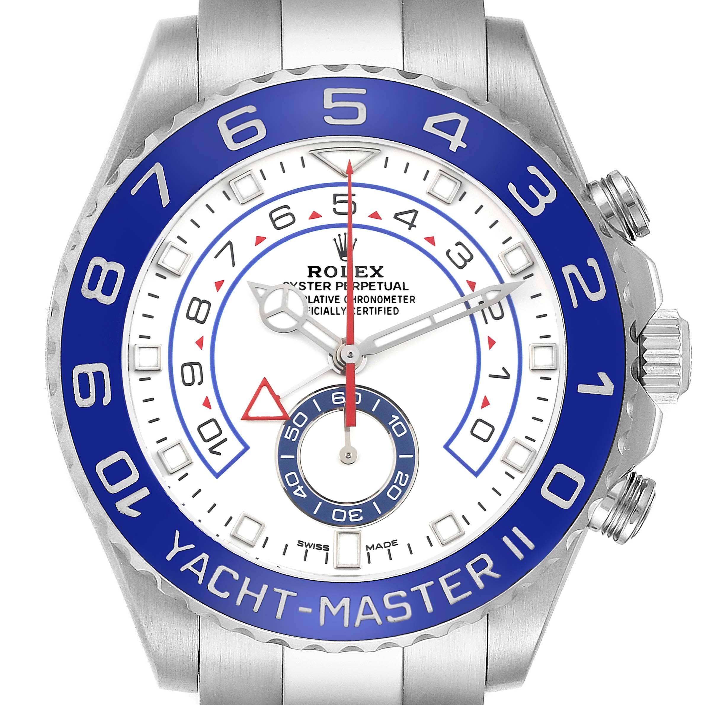 The Rolex Yacht-Master 116680 Men's Stainless Steel White Dial model is shown from the front, highlighting the dial, bezel, and crown.