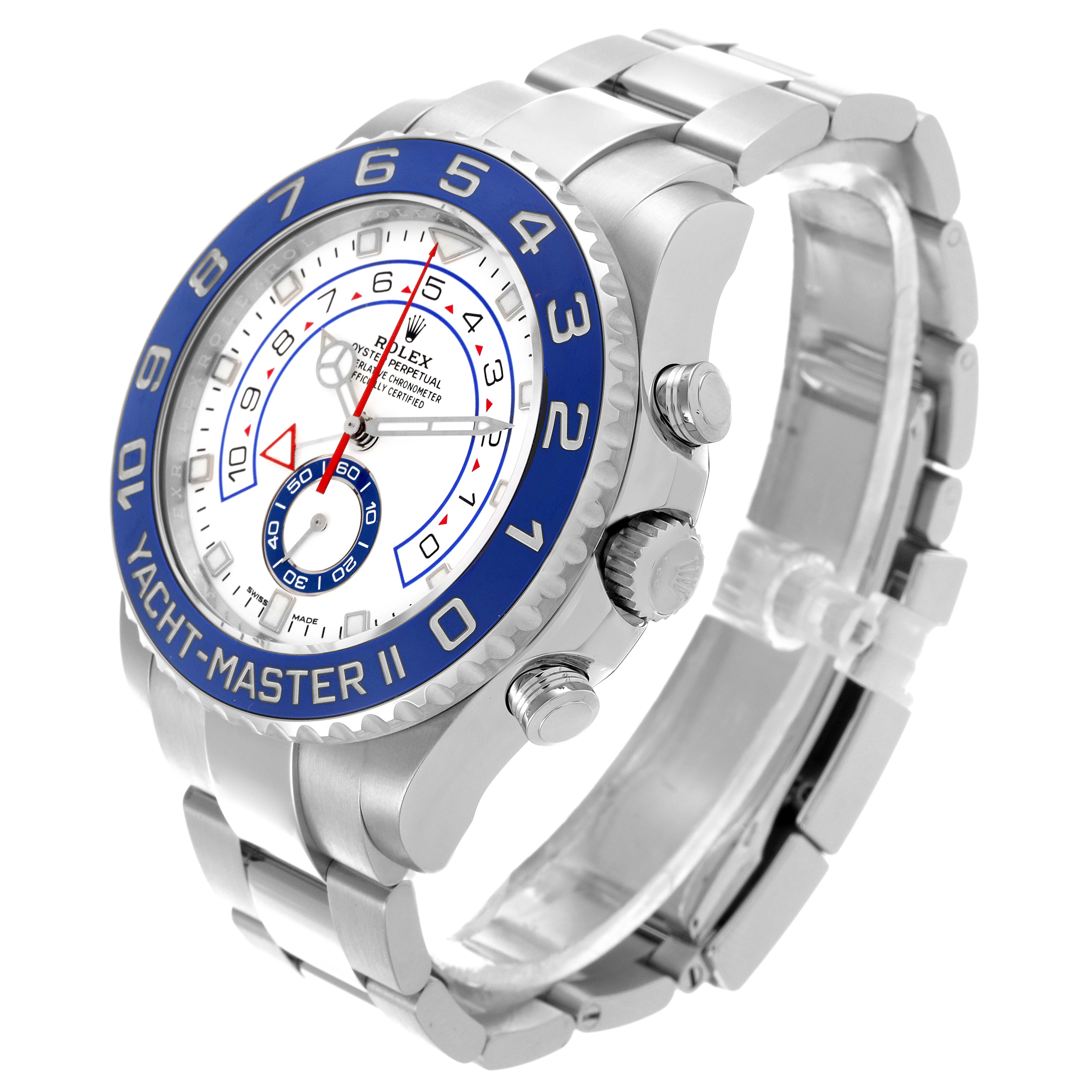 The Rolex Yacht-Master 116680 Men's Stainless Steel White Dial model is shown at a three-quarter angle, displaying the bezel, face, crown, and bracelet.