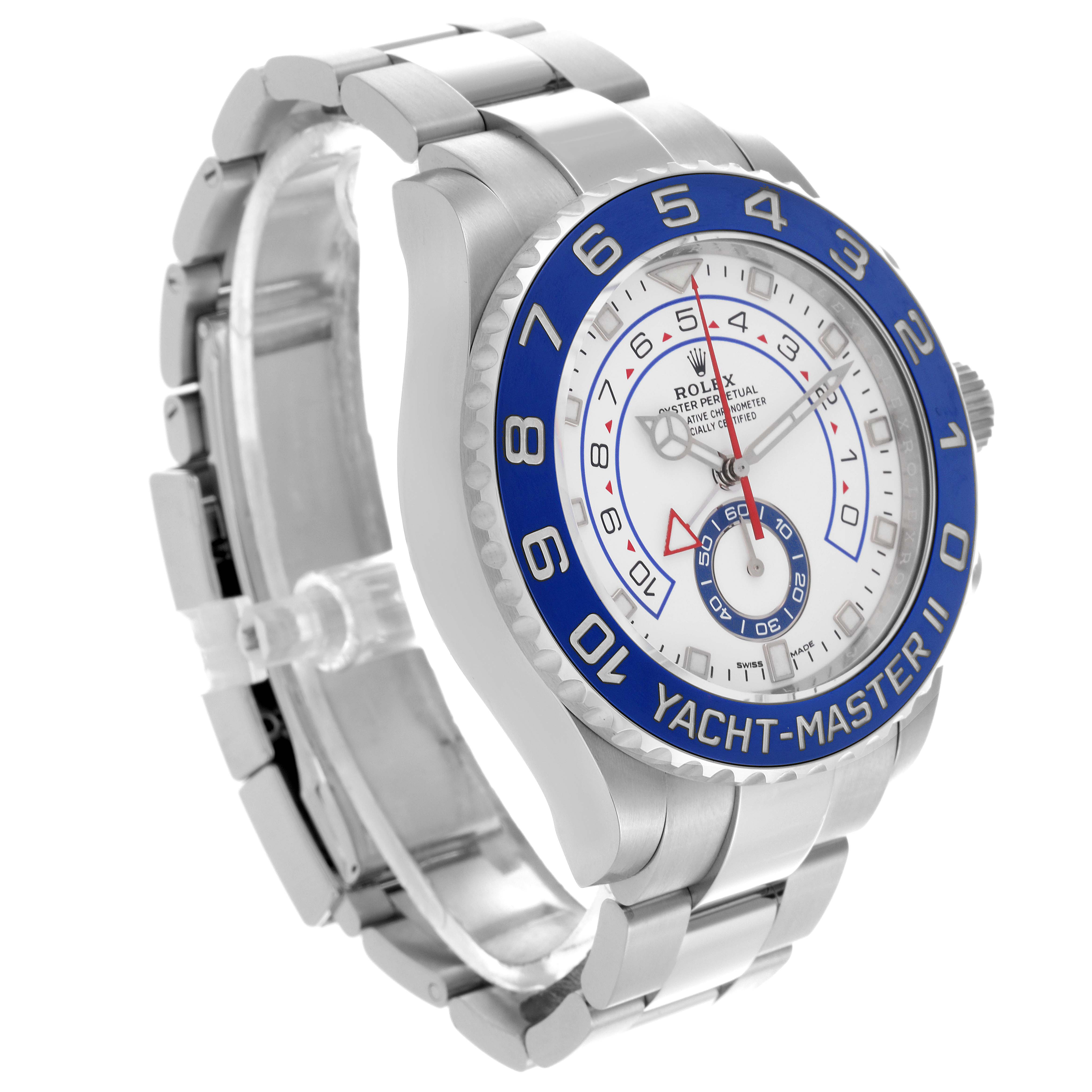 The Rolex Yacht-Master 116680 Men's Stainless Steel White Dial II is shown at a three-quarter angle, highlighting the blue bezel and silver bracelet.