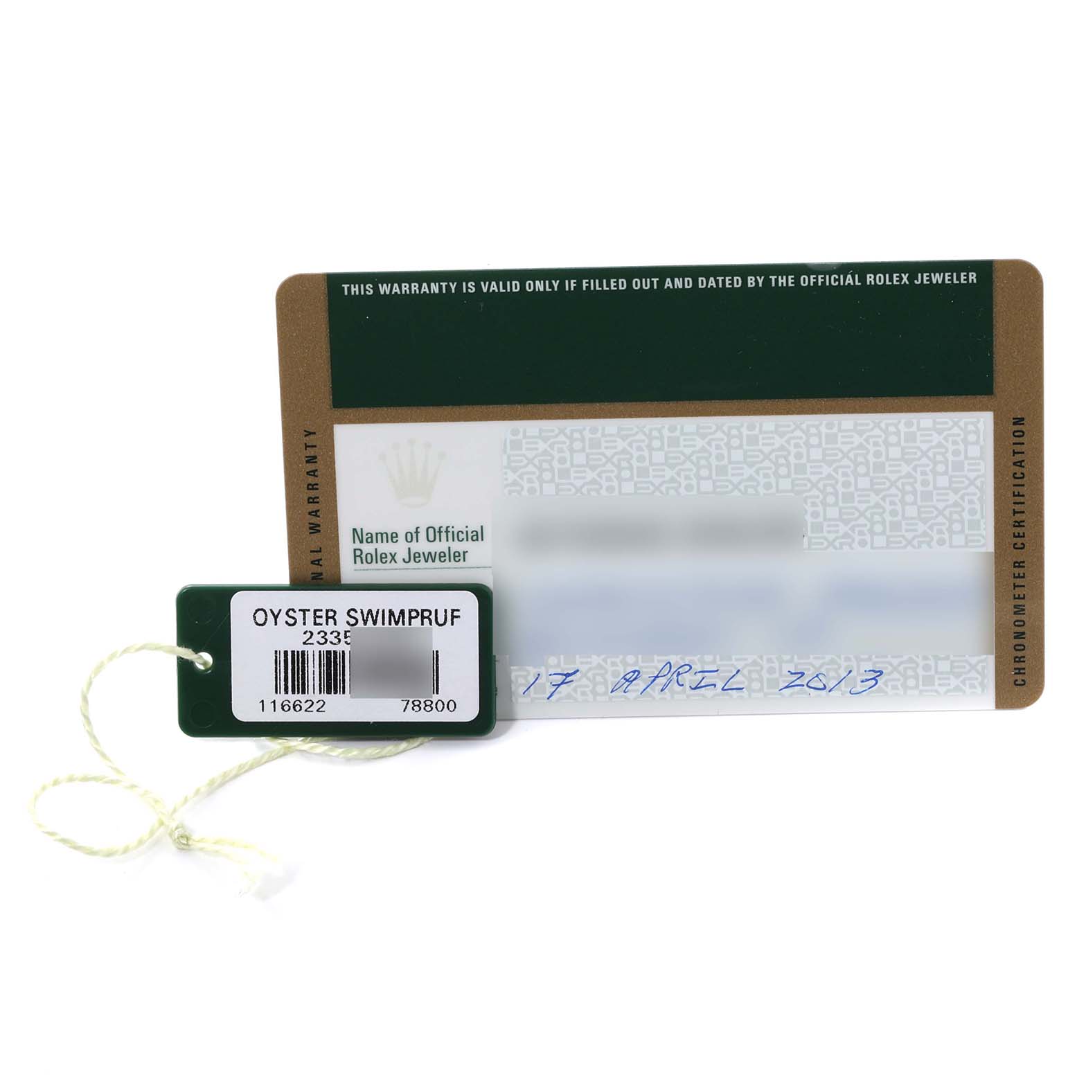 This image shows warranty and certification cards for a Rolex Yacht-Master 116622 Men's Stainless Steel Blue Dial 116622 Men's Stainless Steel Blue Dial watch, along with an Oyster Swimpruf tag.