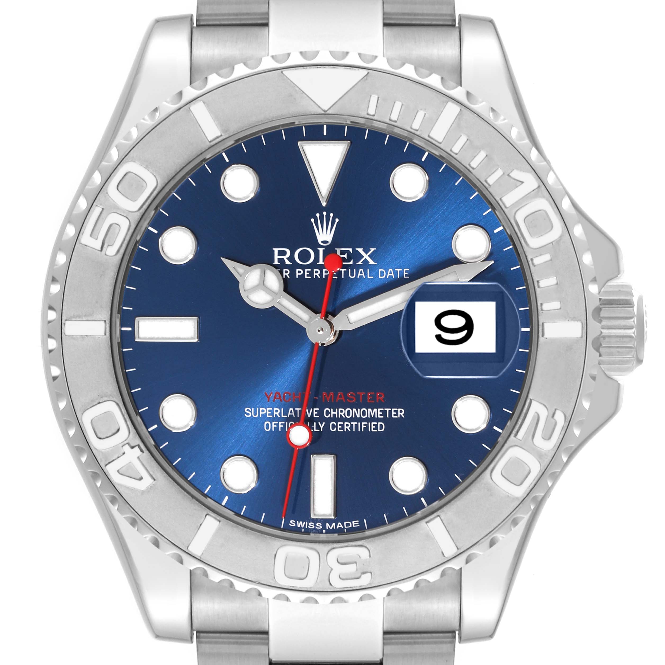 The image shows a close-up, front view of a Rolex Yacht-Master 116622 Men's Stainless Steel Blue Dial 116622 Men's Stainless Steel Blue Dial watch, featuring its blue dial, bezel, and part of the bracelet.