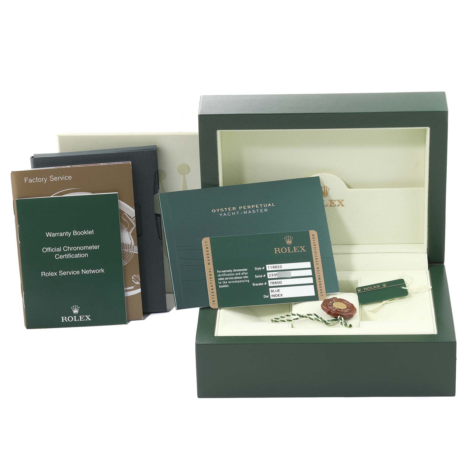 The image shows the packaging and documentation for a Rolex Yacht-Master 116622 Men's Stainless Steel Blue Dial 116622 Men's Stainless Steel Blue Dial watch, including a box, warranty booklet, card, and tags.