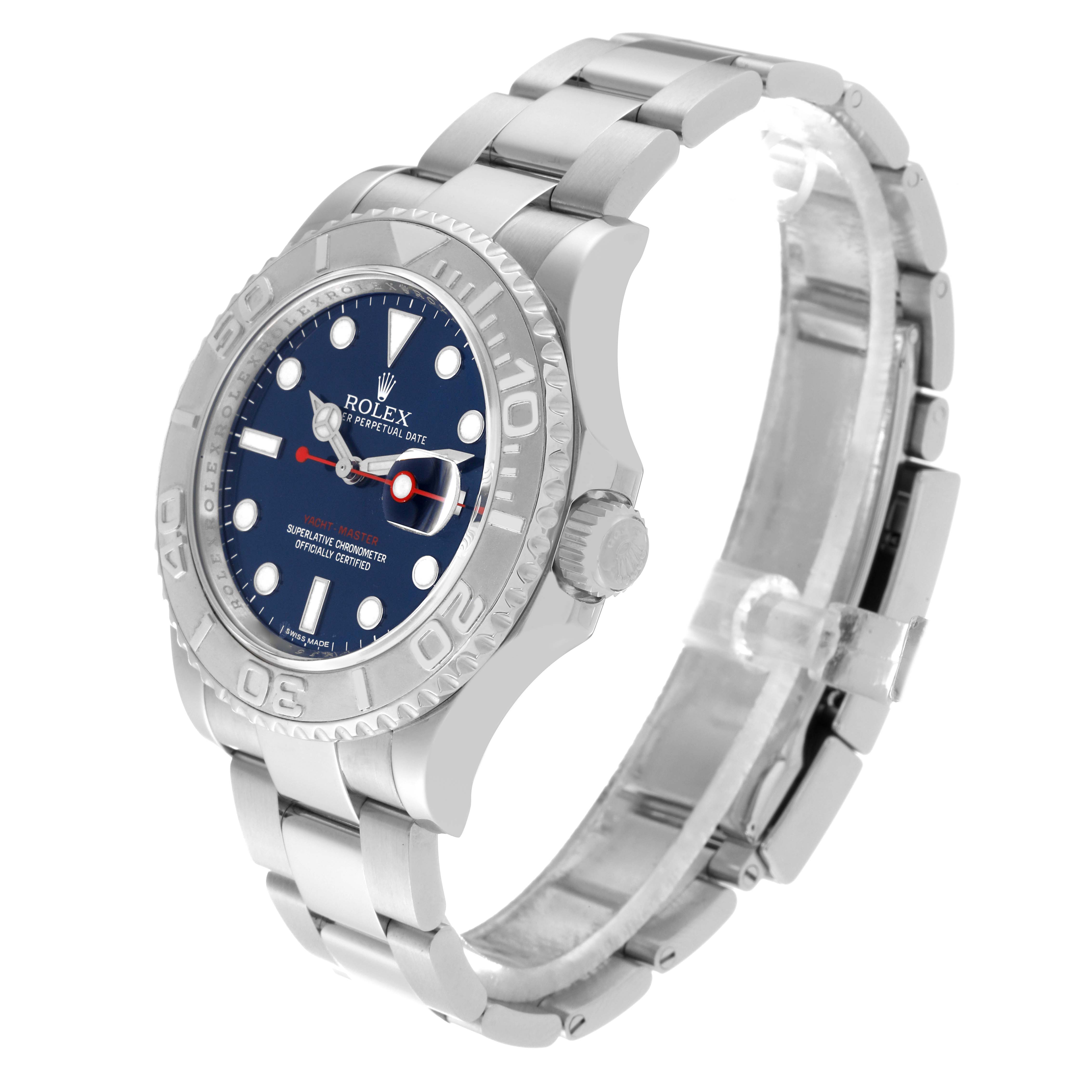 The image shows a side angle of the Rolex Yacht-Master 116622 Men's Stainless Steel Blue Dial 116622 Men's Stainless Steel Blue Dial watch, highlighting its face, bezel, crown, and metal bracelet.