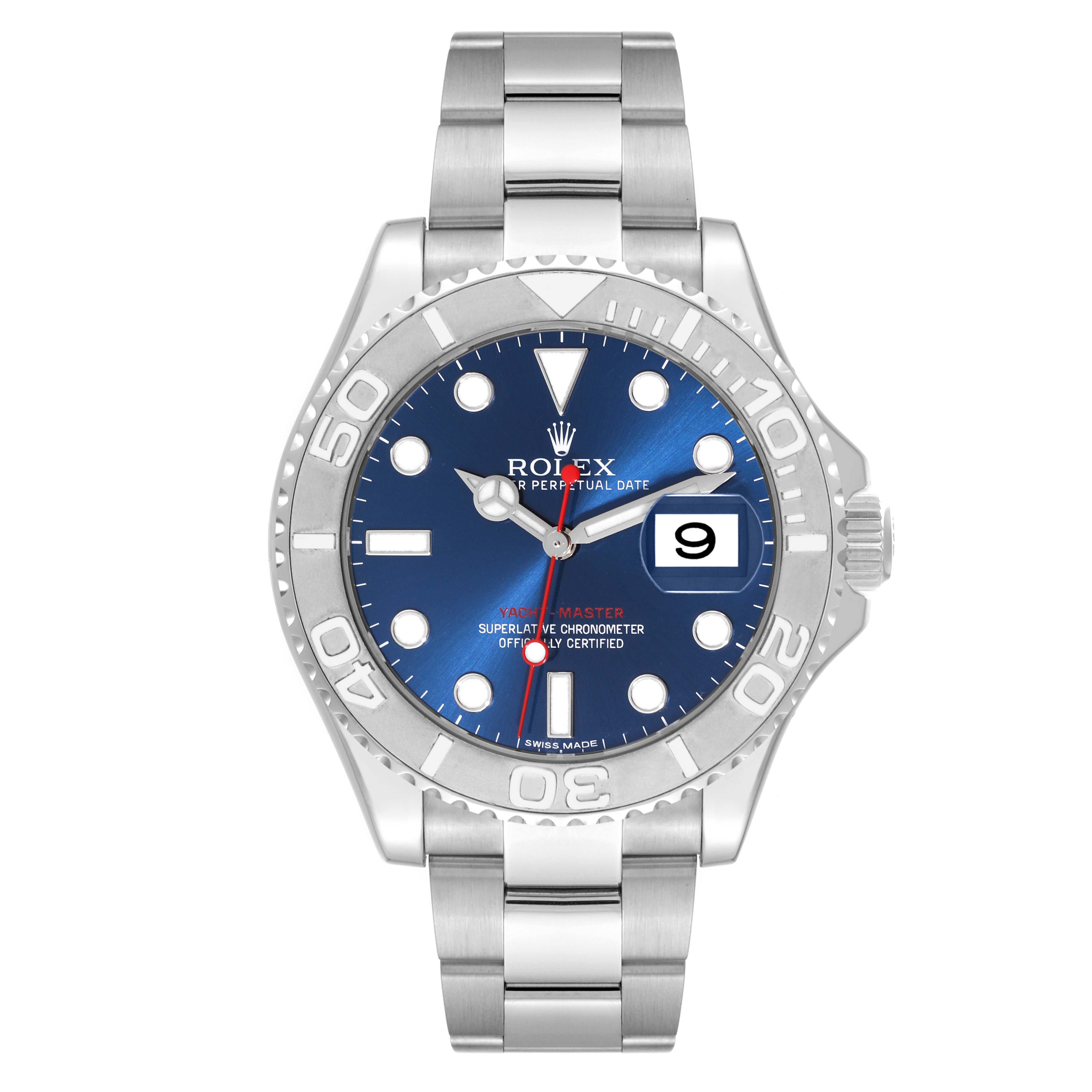 The image shows a front view of the Rolex Yacht-Master 116622 Men's Stainless Steel Blue Dial 116622 Men's Stainless Steel Blue Dial watch, displaying the face, bezel, bracelet, and crown.