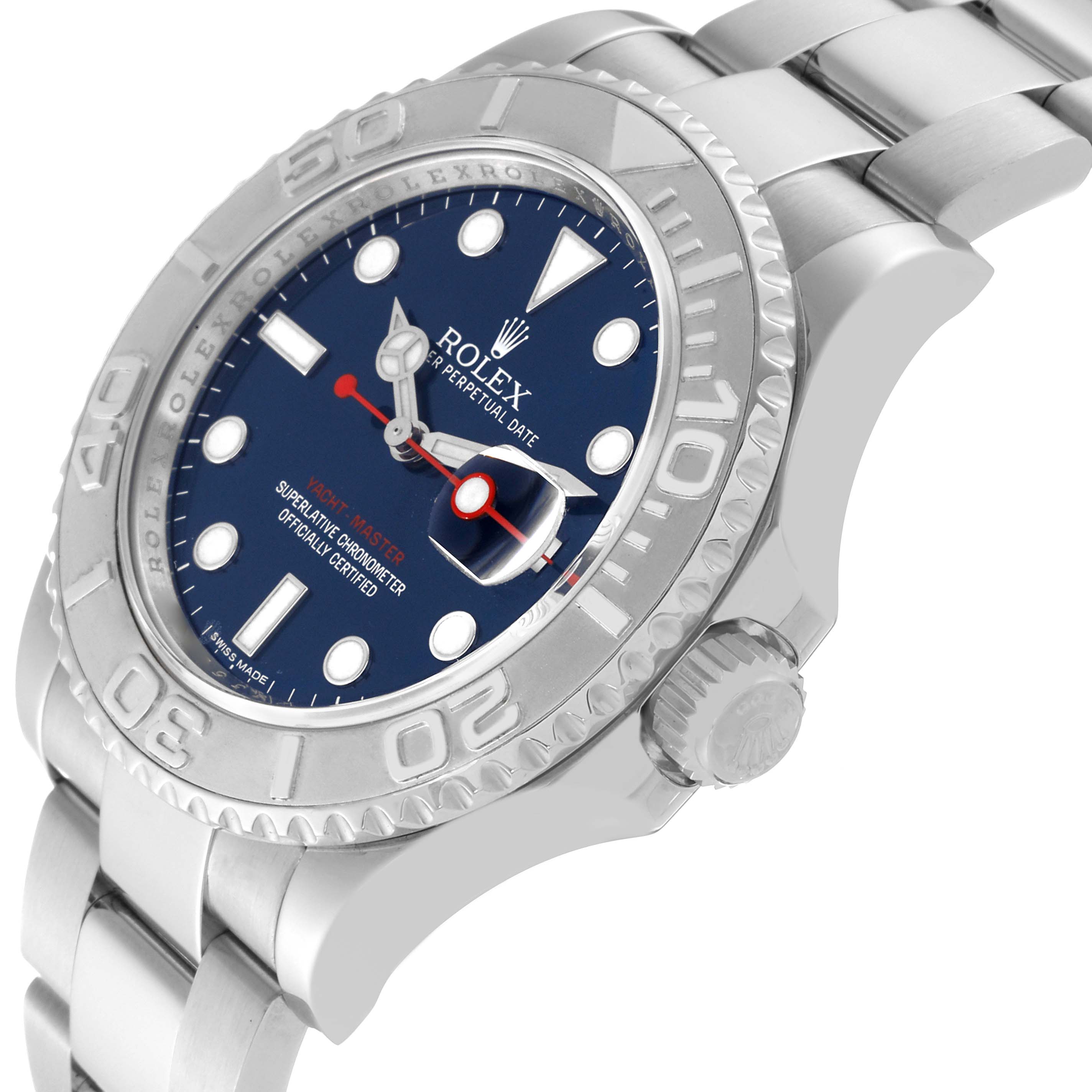 The image shows a side-angle view of a Rolex Yacht-Master 116622 Men's Stainless Steel Blue Dial 116622 Men's Stainless Steel Blue Dial watch, highlighting the face, bezel, crown, and part of the bracelet.