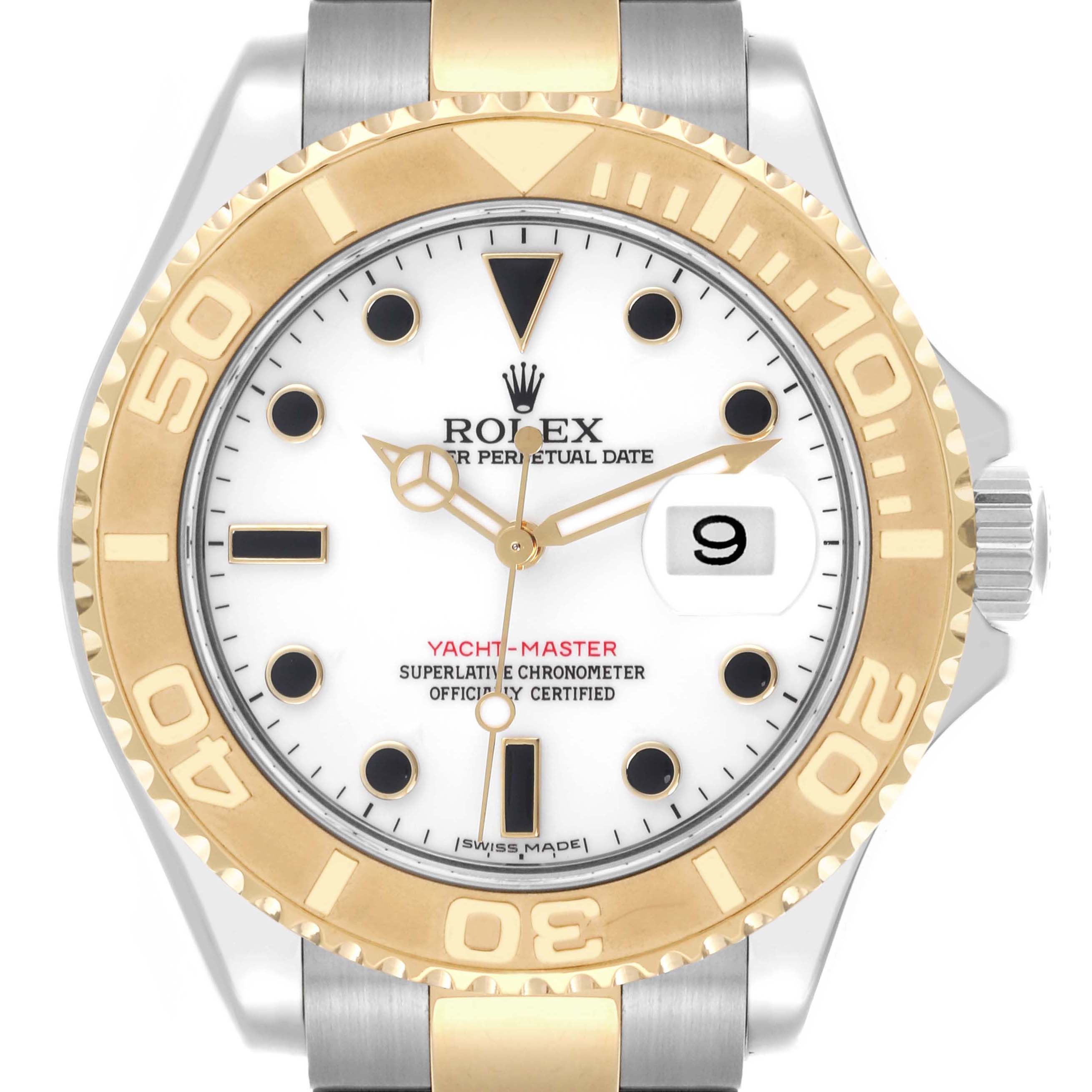The Rolex Yacht-Master 16623 Men's Steel and Gold (two tone) White Dial watch is shown from the front, displaying the bezel, hands, dial, and date window.