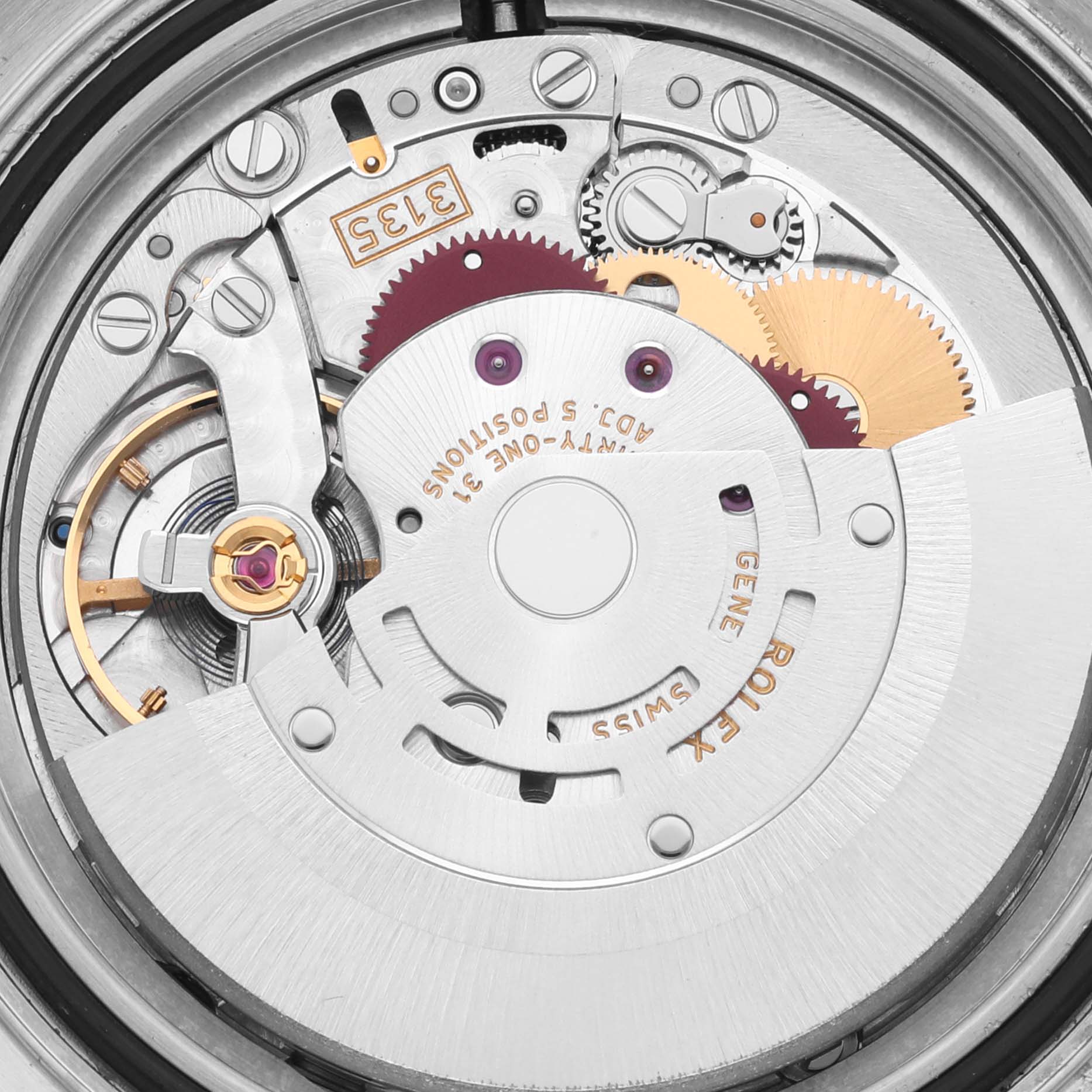 The image shows the intricate internal movement of a Rolex Yacht-Master 16623 Men's Steel and Gold (two tone) White Dial watch, highlighting gears and components.