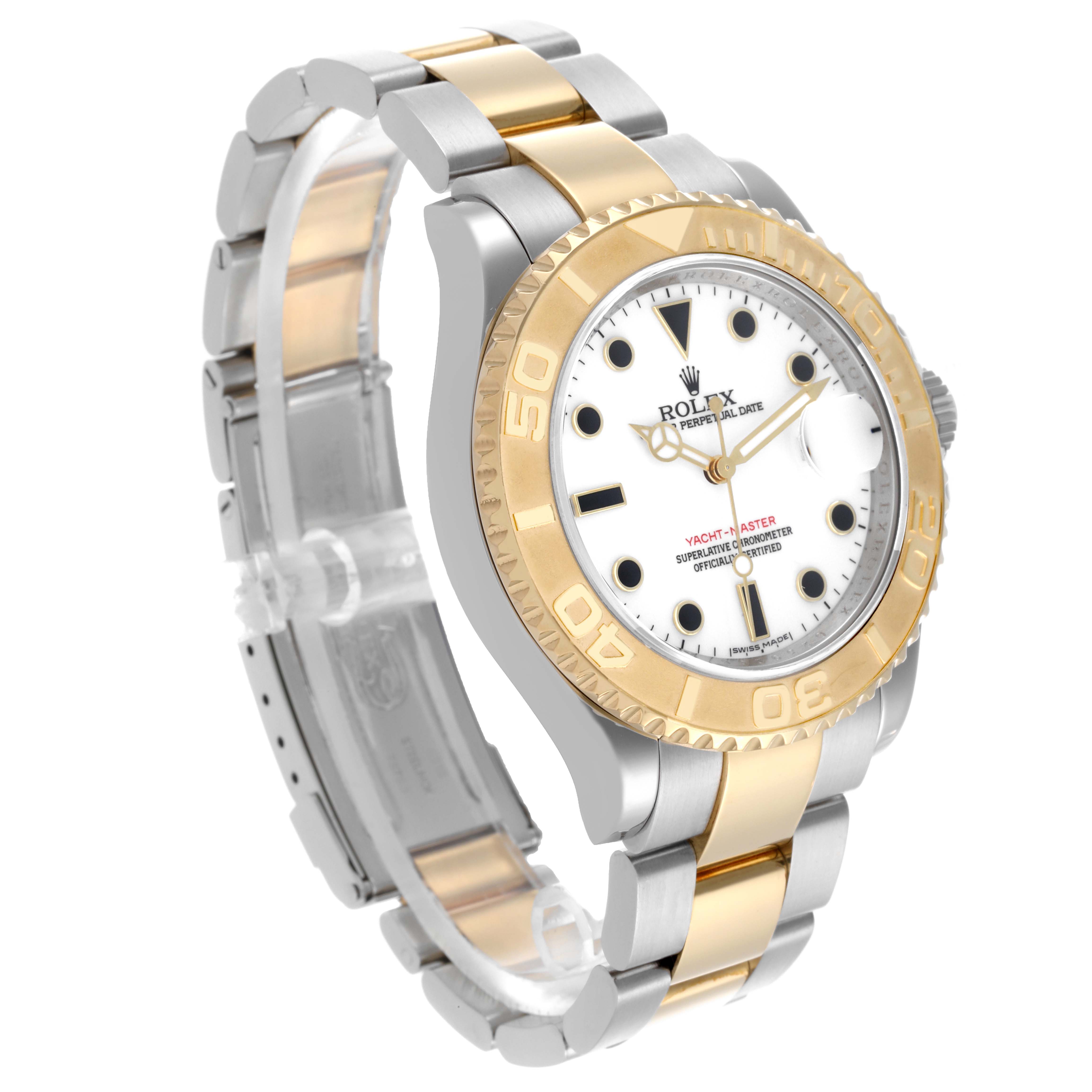 The Rolex Yacht-Master 16623 Men's Steel and Gold (two tone) White Dial watch is shown at a three-quarter angle, displaying the bezel, dial, bracelet, and crown.