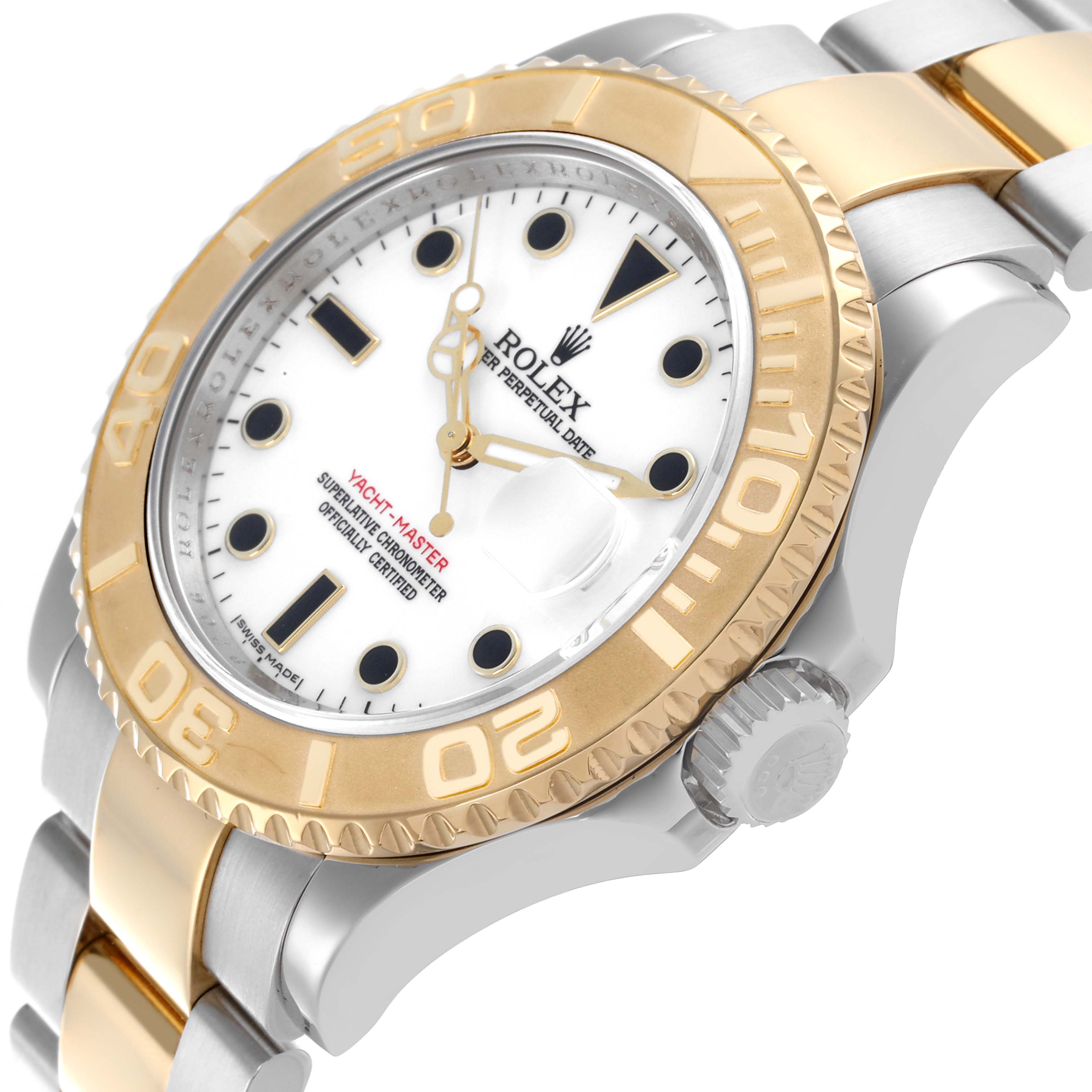 The Rolex Yacht-Master 16623 Men's Steel and Gold (two tone) White Dial watch is shown at an angled side view highlighting its bezel, crown, and part of the bracelet.