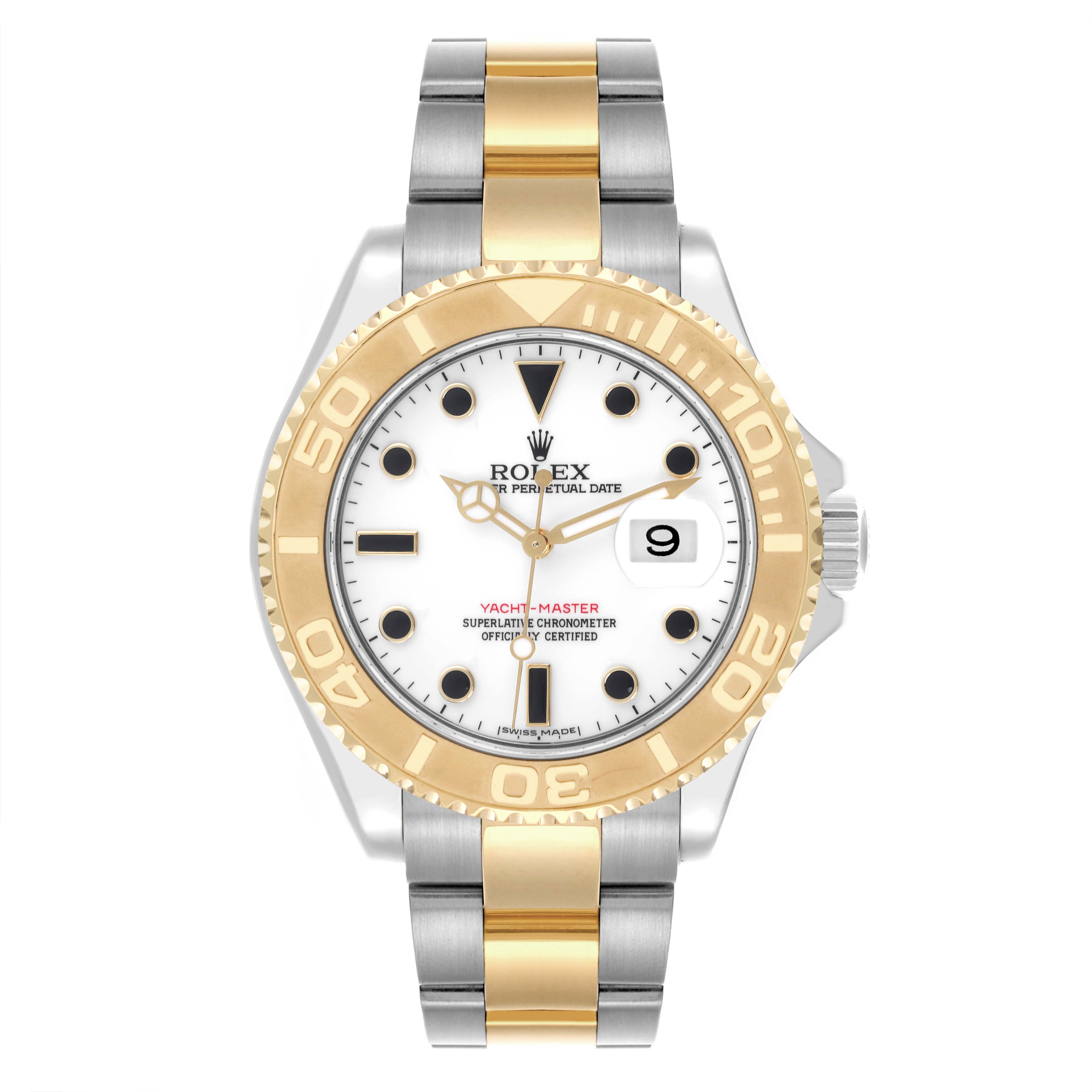 The Rolex Yacht-Master 16623 Men's Steel and Gold (two tone) White Dial watch is shown from the front, featuring a gold bezel, white dial, and a two-tone metal bracelet.