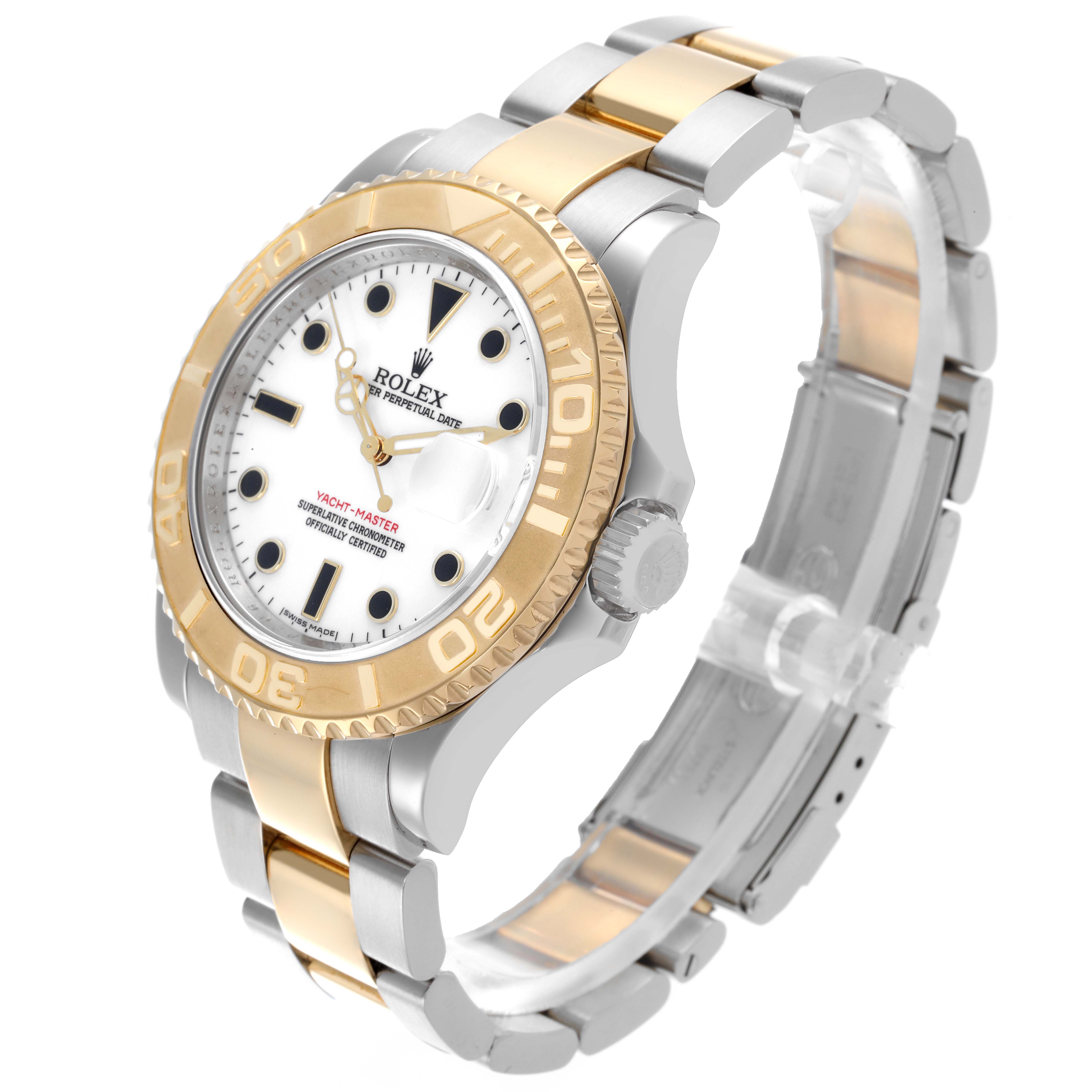 The Rolex Yacht-Master 16623 Men's Steel and Gold (two tone) White Dial watch is shown at an angled view highlighting its two-tone bezel, dial, and bracelet.