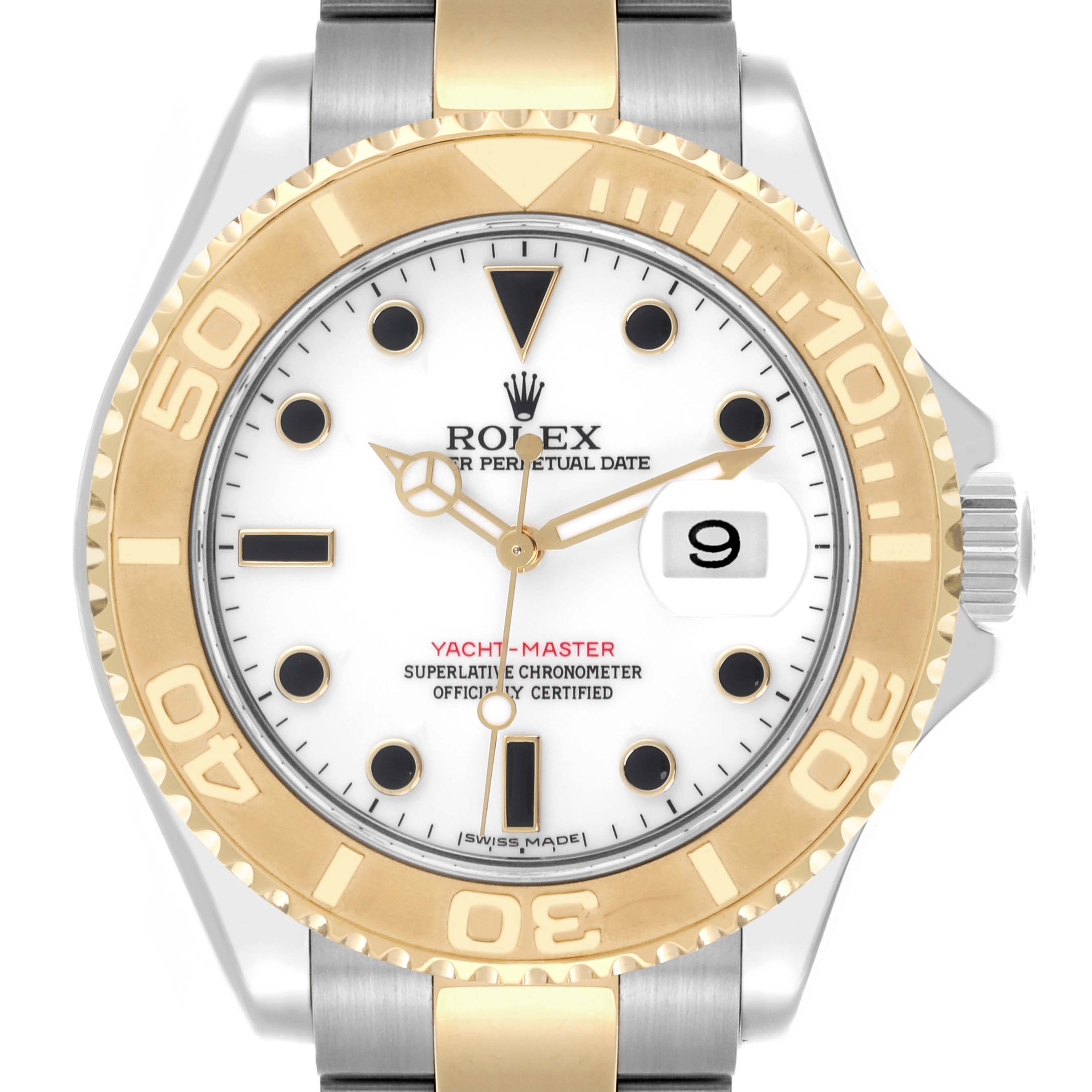 The Rolex Yacht-Master 16623 Men's Steel and Gold (two tone) White Dial is shown from the front, highlighting the bezel, dial, hands, and date window.