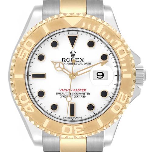 The Rolex Yacht-Master 16623 Men's Steel and Gold (two tone) White Dial watch is shown from a front angle, displaying the dial, bezel, and part of the bracelet.
