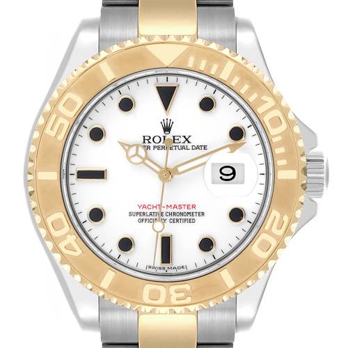 The Rolex Yacht-Master 16623 Men's Steel and Gold (two tone) White Dial watch is shown from the front, displaying the bezel, dial, hands, and date window.