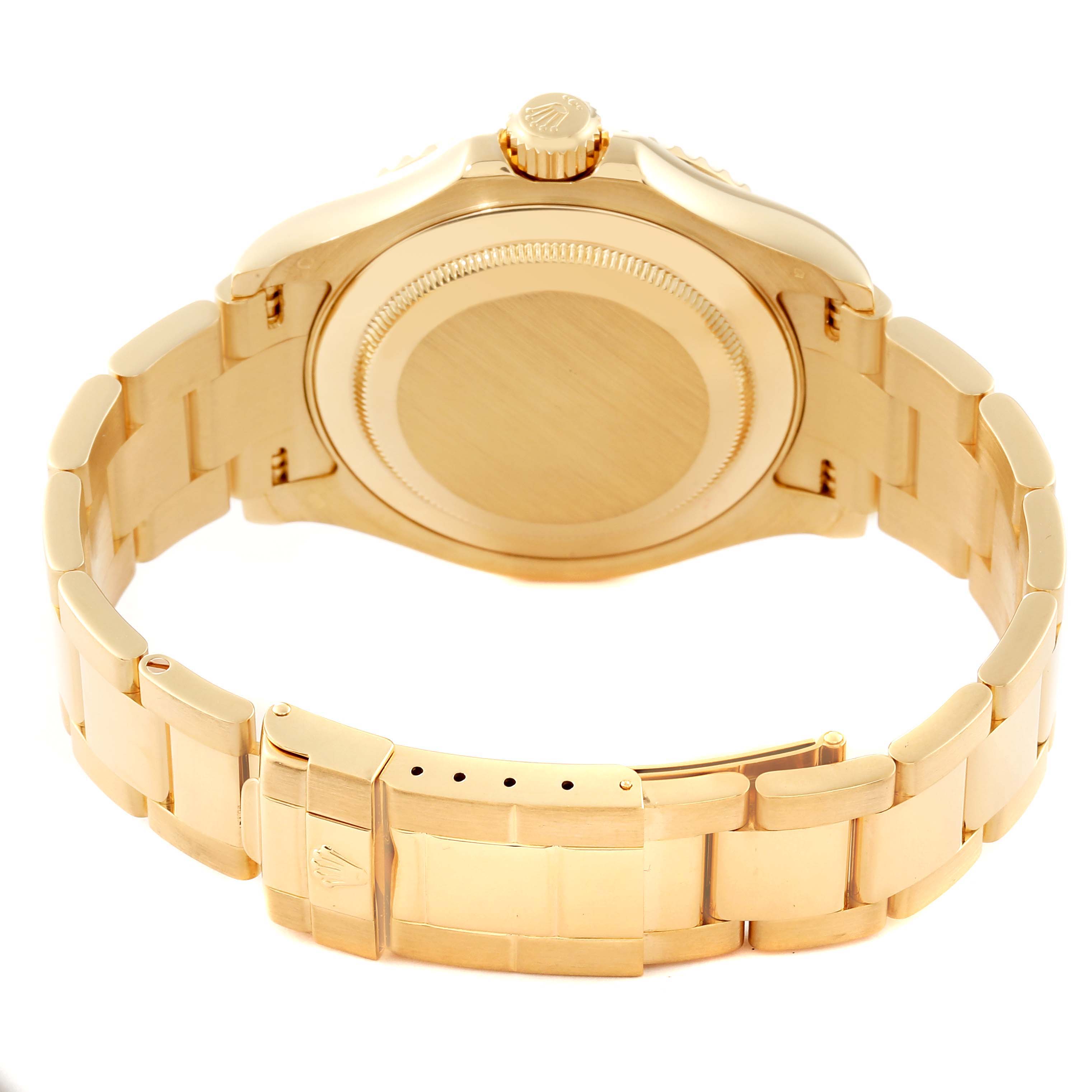 This image shows the rear view of a Rolex Yacht-Master 16628 Men's Yellow Gold Mother of Pearl Dial 16628 Men's Yellow Gold Mother of Pearl Dial watch, highlighting the case back, crown, and bracelet.