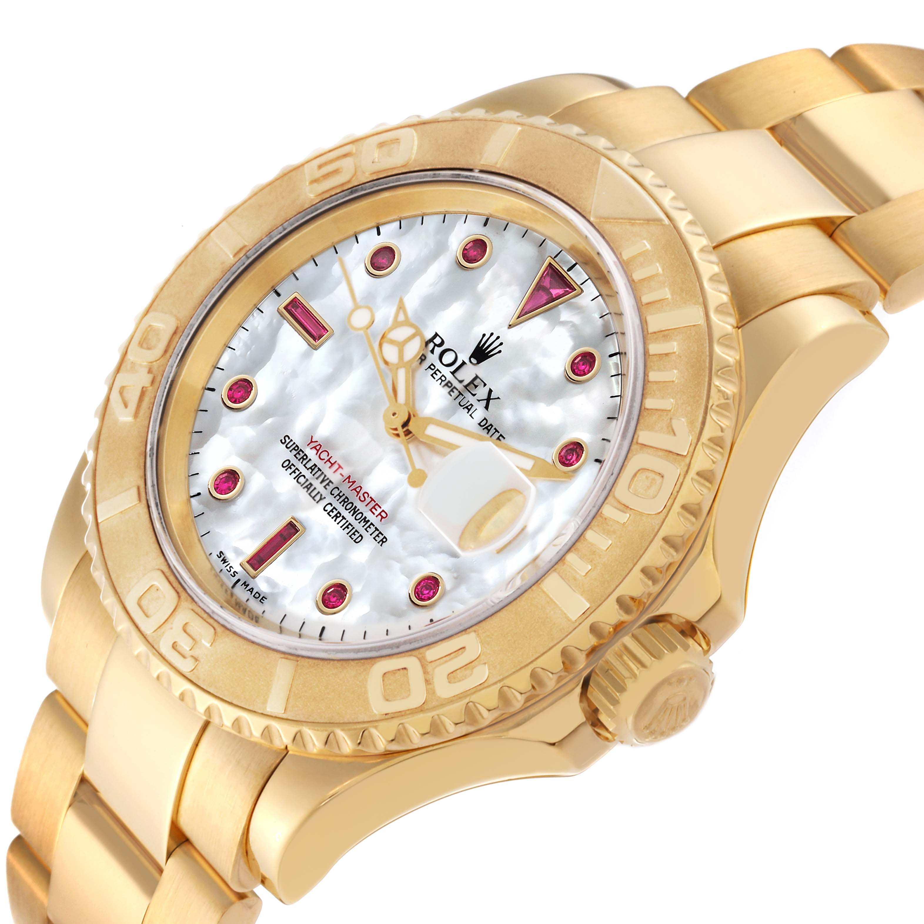 The Rolex Yacht-Master 16628 Men's Yellow Gold Mother of Pearl Dial 16628 Men's Yellow Gold Mother of Pearl Dial watch is shown at an angled view highlighting the face, bezel, crown, and part of the bracelet.