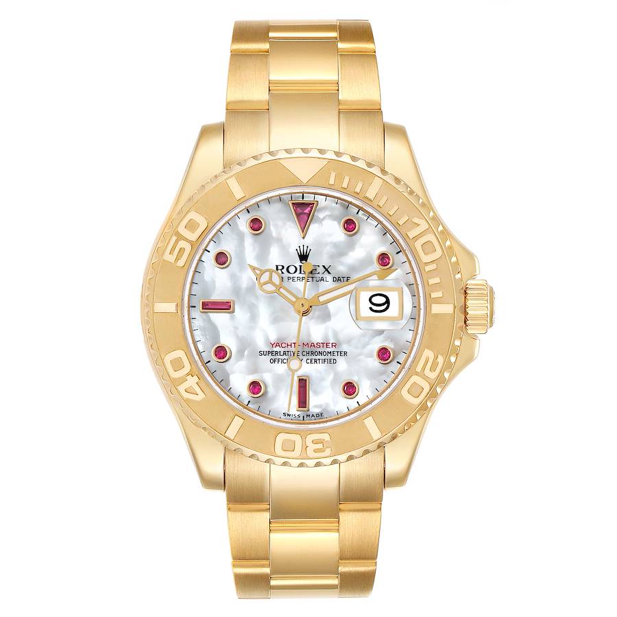 Rolex Yachtmaster Yellow Gold Mother of Pearl Ruby Serti Mens Watch 16628 SwissWatchExpo