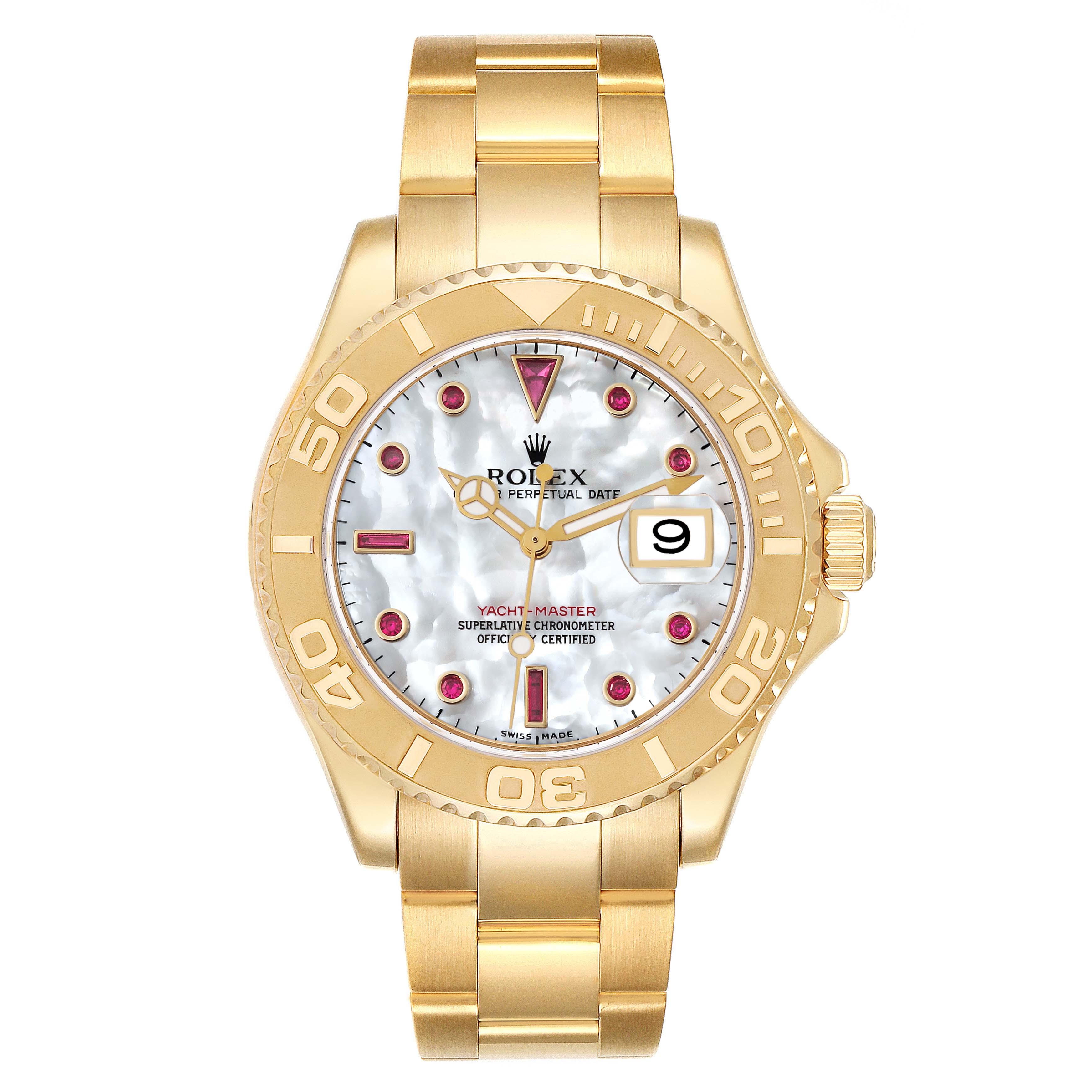 The image shows a frontal view of a Rolex Yacht-Master 16628 Men's Yellow Gold Mother of Pearl Dial 16628 Men's Yellow Gold Mother of Pearl Dial watch, displaying its face, bezel, and bracelet.