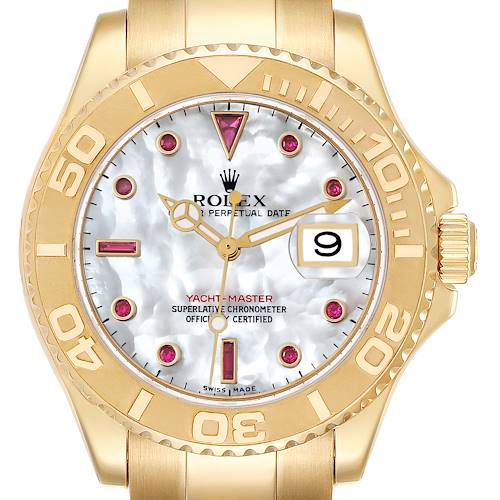 Photo of Rolex Yachtmaster Yellow Gold Mother of Pearl Ruby Serti Mens Watch 16628
