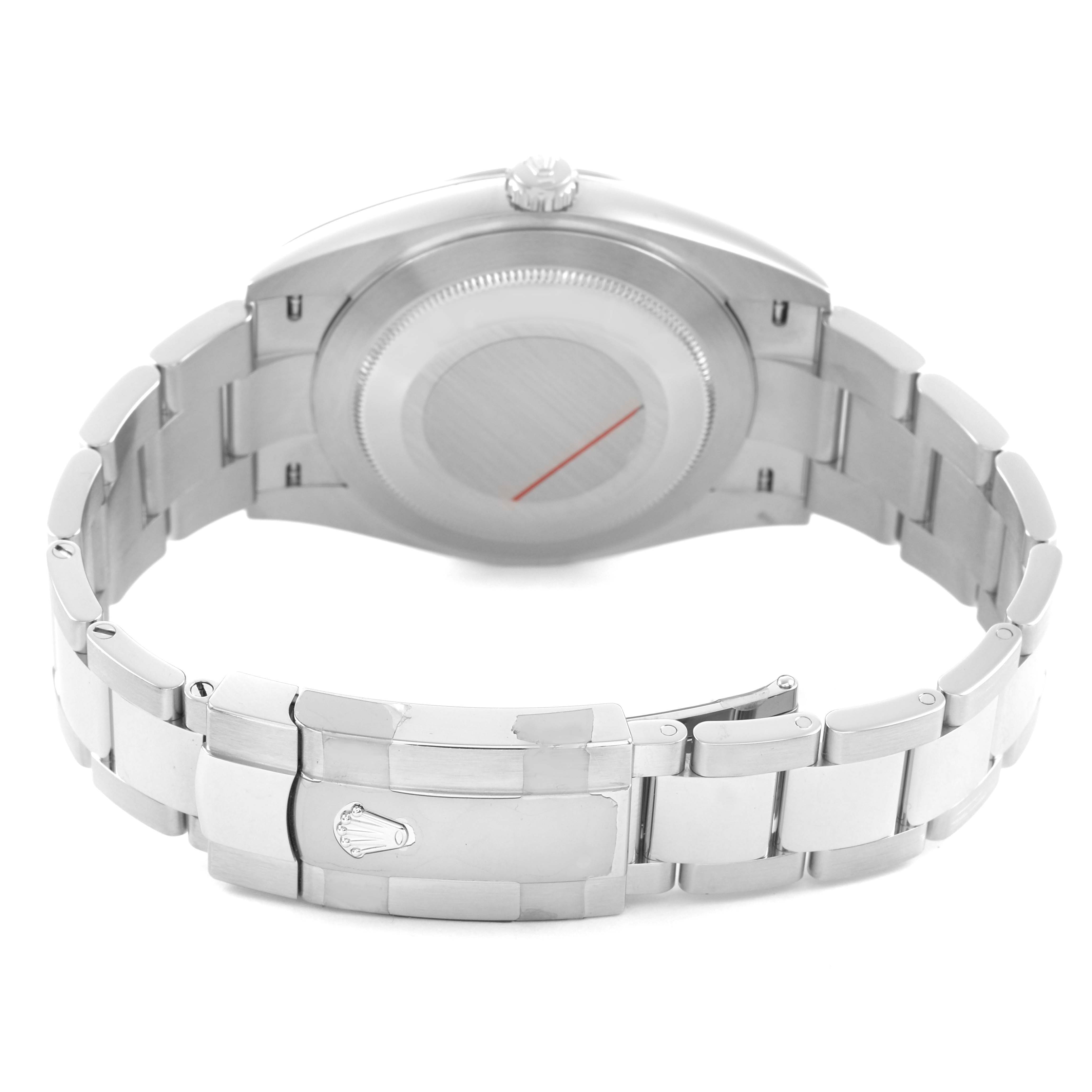 The image shows the back view of a Rolex Datejust 41 126300 Men's Stainless Steel Black Dial, highlighting the case back and bracelet with clasp.