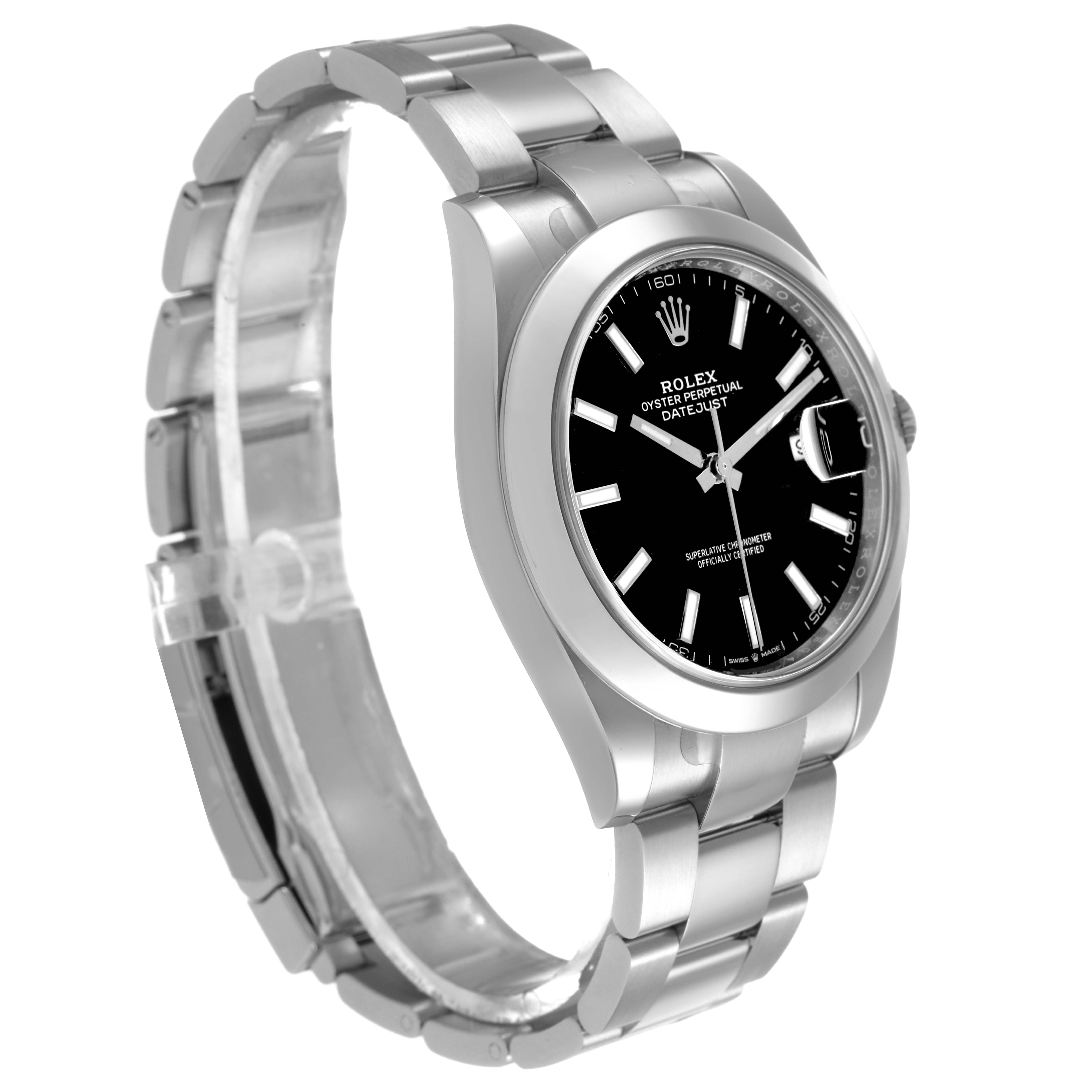 The Rolex Datejust 41 126300 Men's Stainless Steel Black Dial is shown at a three-quarter angle, highlighting the face, bezel, and bracelet.