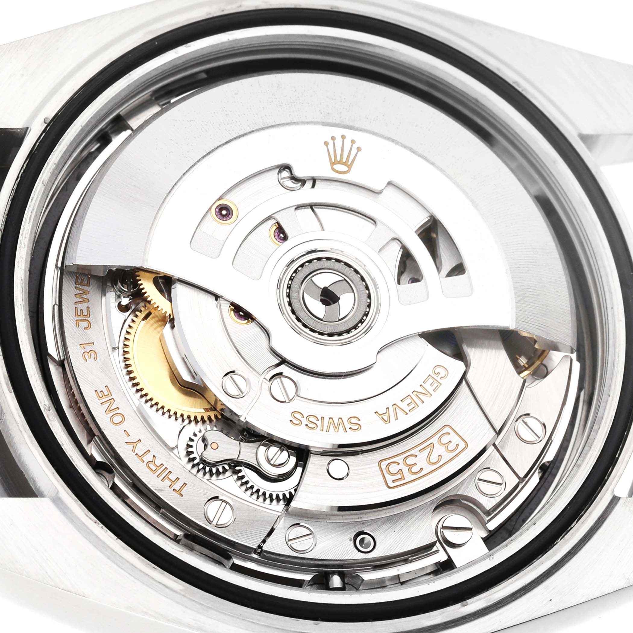 This image shows the back view of the Rolex Datejust 41 126300 Men's Stainless Steel Black Dial, revealing its intricate mechanical movement.